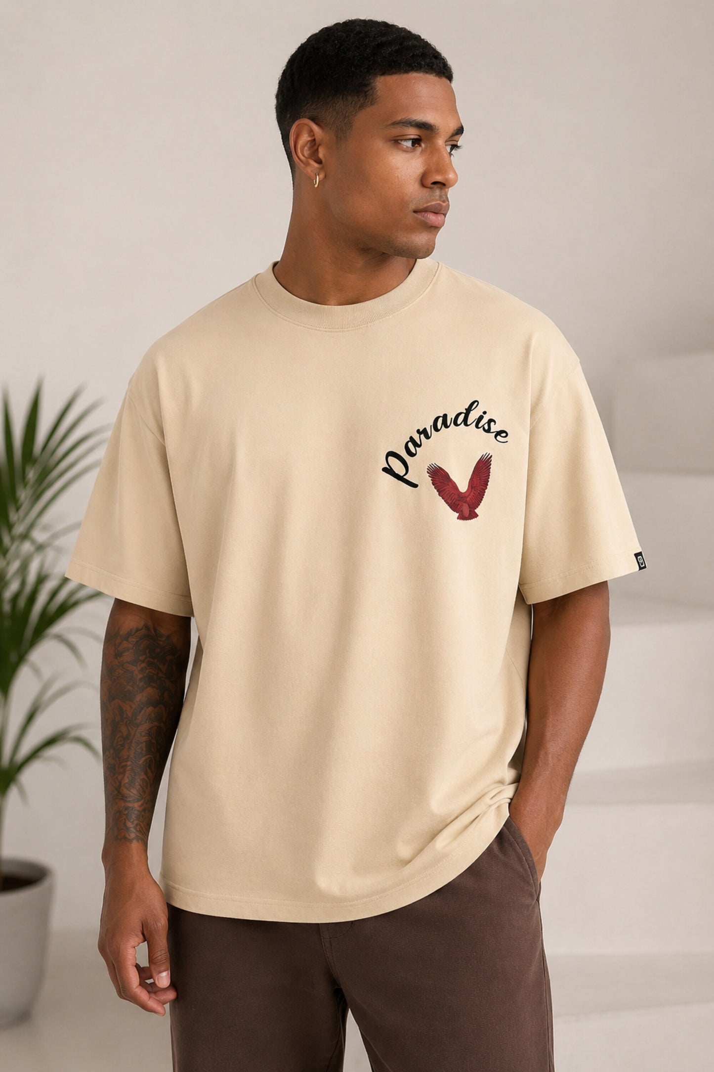 POPCASE beige Paradise red eagle wings graphic oversized t shirt script text front back large bird print nature streetwear tshirt