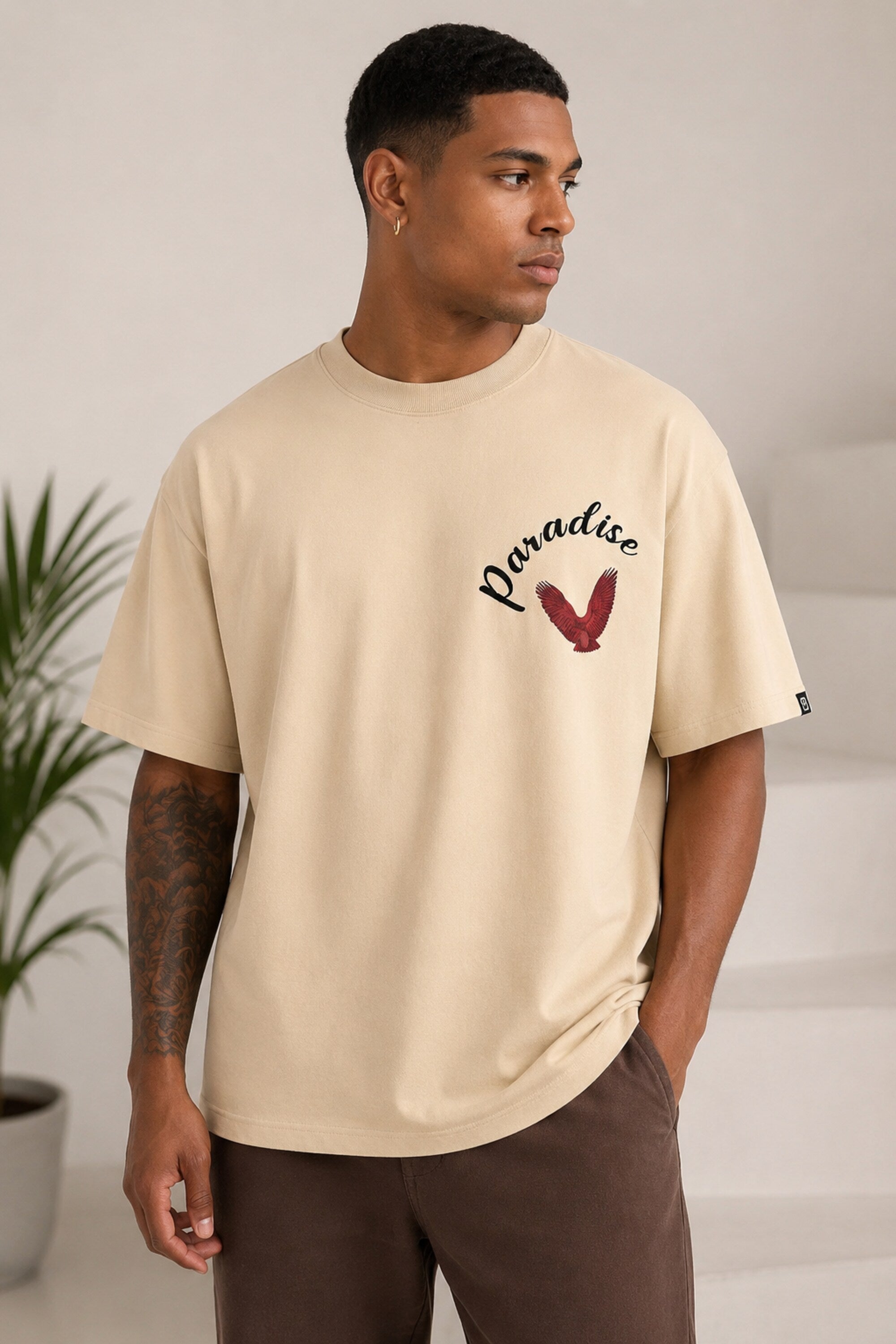 POPCASE beige Paradise red eagle wings graphic oversized t shirt script text front back large bird print nature streetwear tshirt