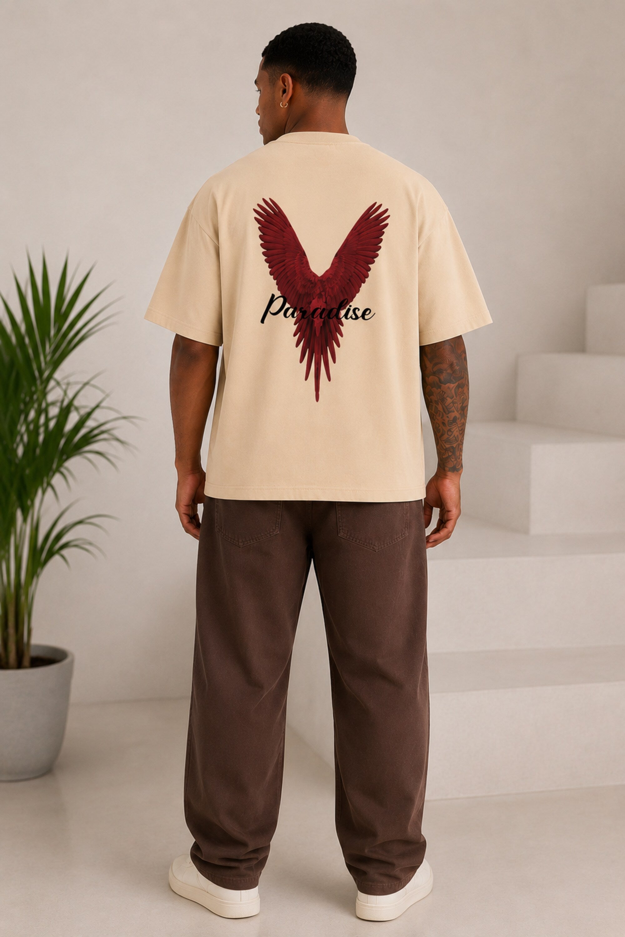 POPCASE beige Paradise red eagle wings graphic oversized t shirt script text front back large bird print nature streetwear tshirt