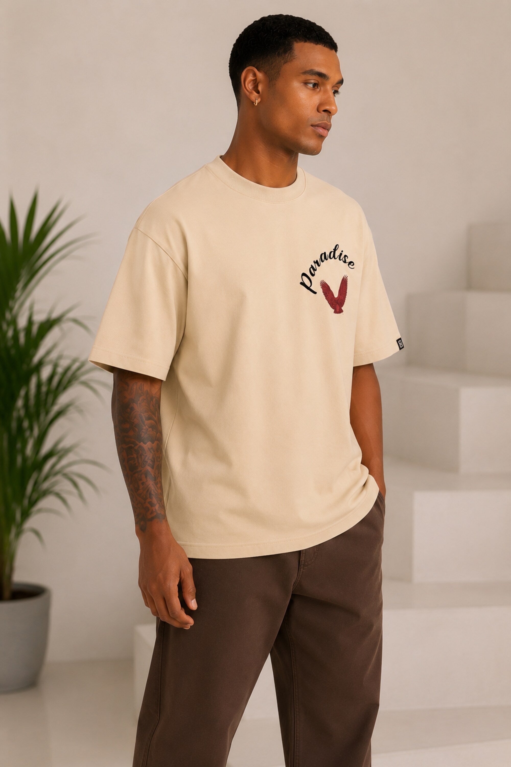 POPCASE beige Paradise red eagle wings graphic oversized t shirt script text front back large bird print nature streetwear tshirt