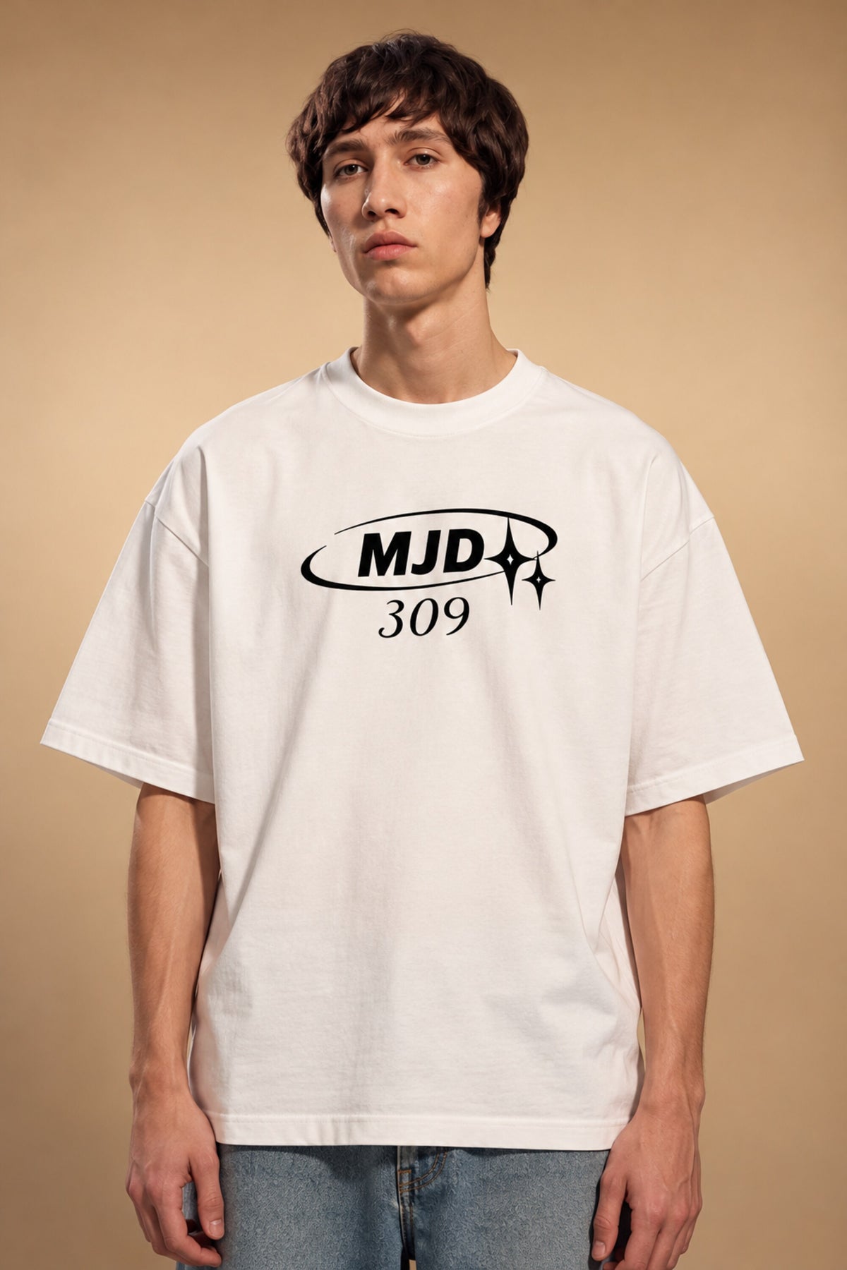 White oversized tshirt with MJD 309 orbital ring and star print in black, Y2K luxury streetwear style, drop shoulder boxy fit, men India