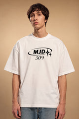 White oversized tshirt with MJD 309 orbital ring and star print in black, Y2K luxury streetwear style, drop shoulder boxy fit, men India