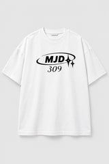 White oversized tshirt with MJD 309 orbital ring and star print in black, Y2K luxury streetwear style, drop shoulder boxy fit, men India