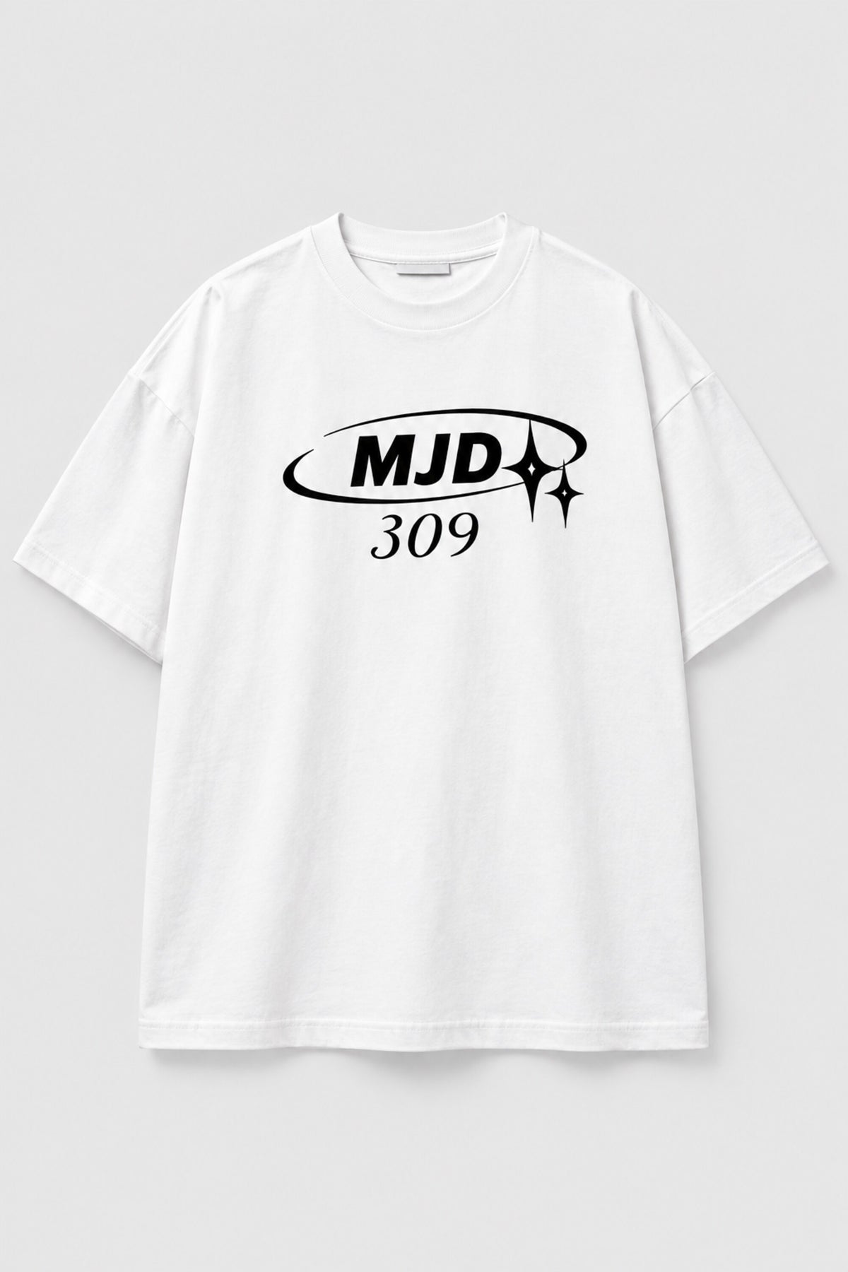 White oversized tshirt with MJD 309 orbital ring and star print in black, Y2K luxury streetwear style, drop shoulder boxy fit, men India