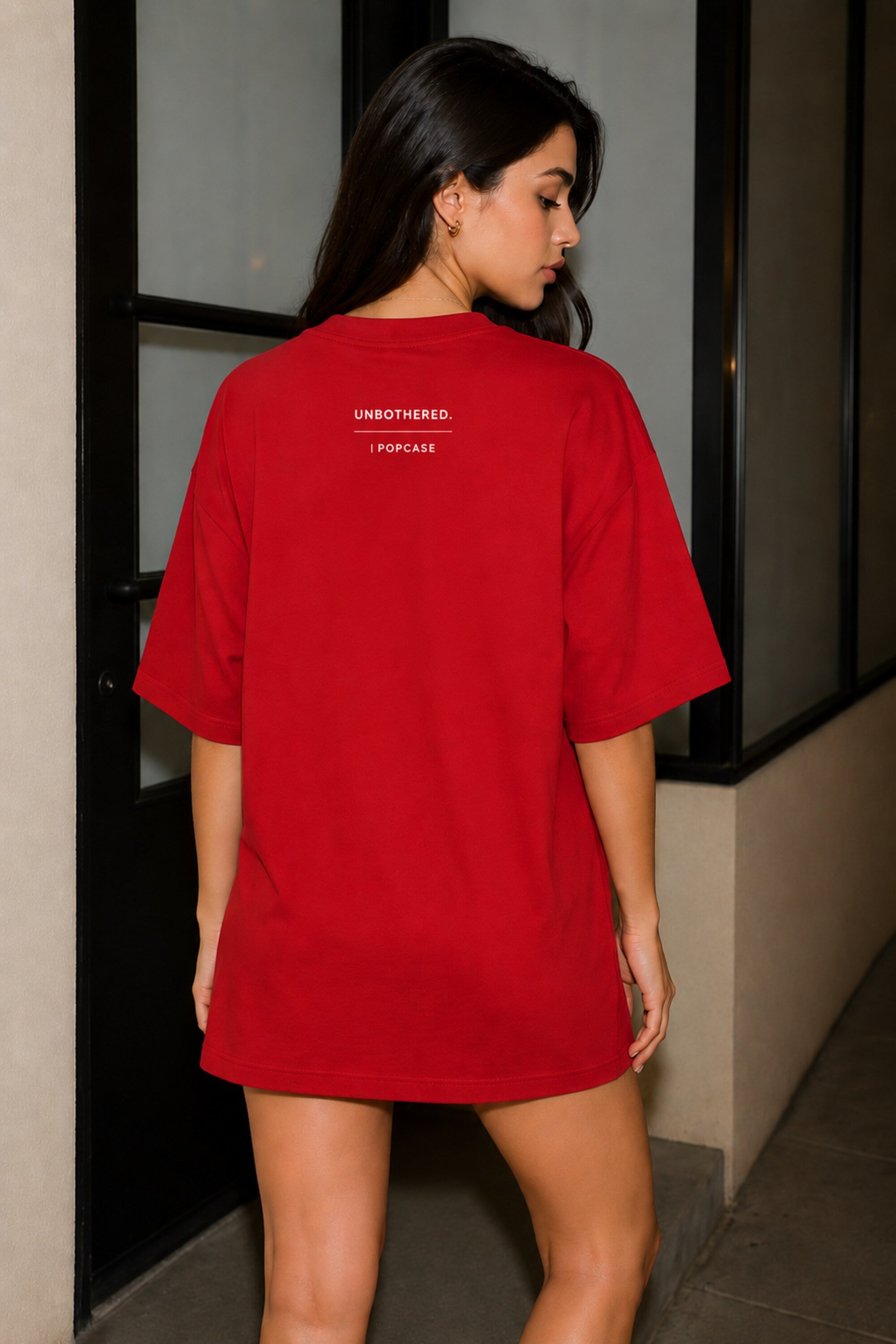 POPCASE Pay Attention Girl red oversized t shirt with slogan front print unbothered back print streetwear premium cotton