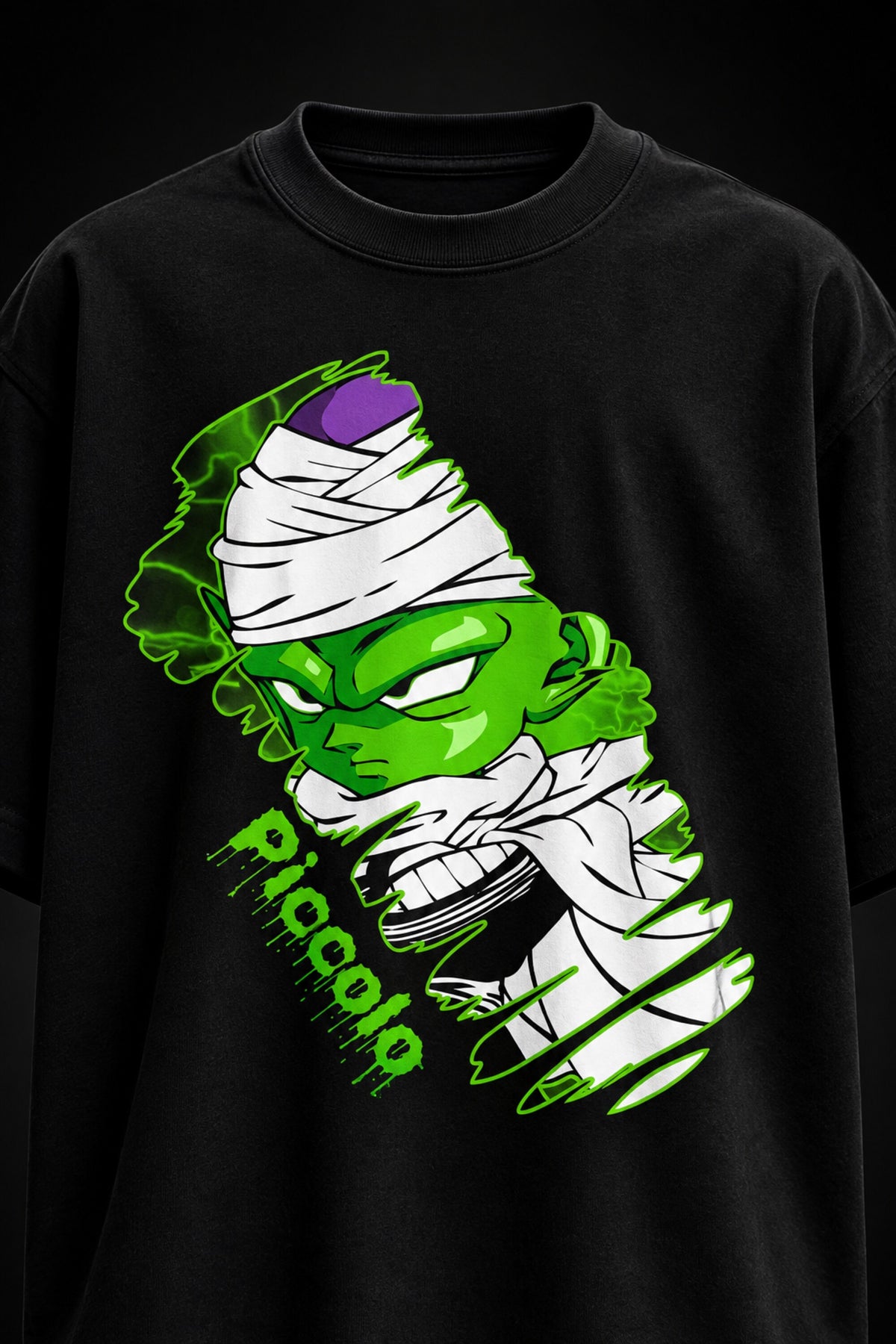 Black Dragon Ball Z anime oversized tshirt with Piccolo chibi front HD print and dripping neon green graffiti Piccolo text