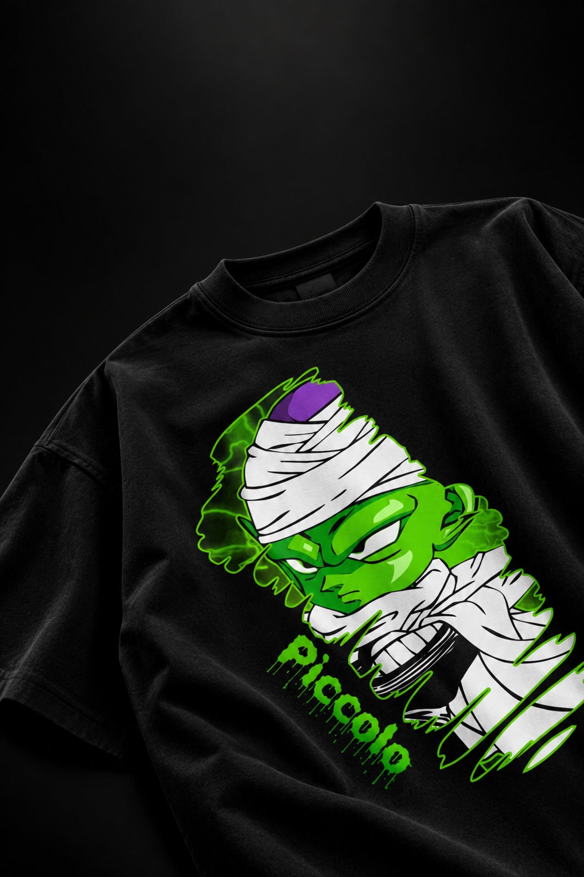 Black Dragon Ball Z anime oversized tshirt with Piccolo chibi front HD print and dripping neon green graffiti Piccolo text