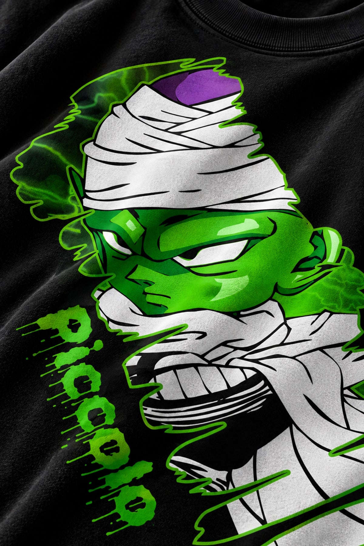 Black Dragon Ball Z anime oversized tshirt with Piccolo chibi front HD print and dripping neon green graffiti Piccolo text