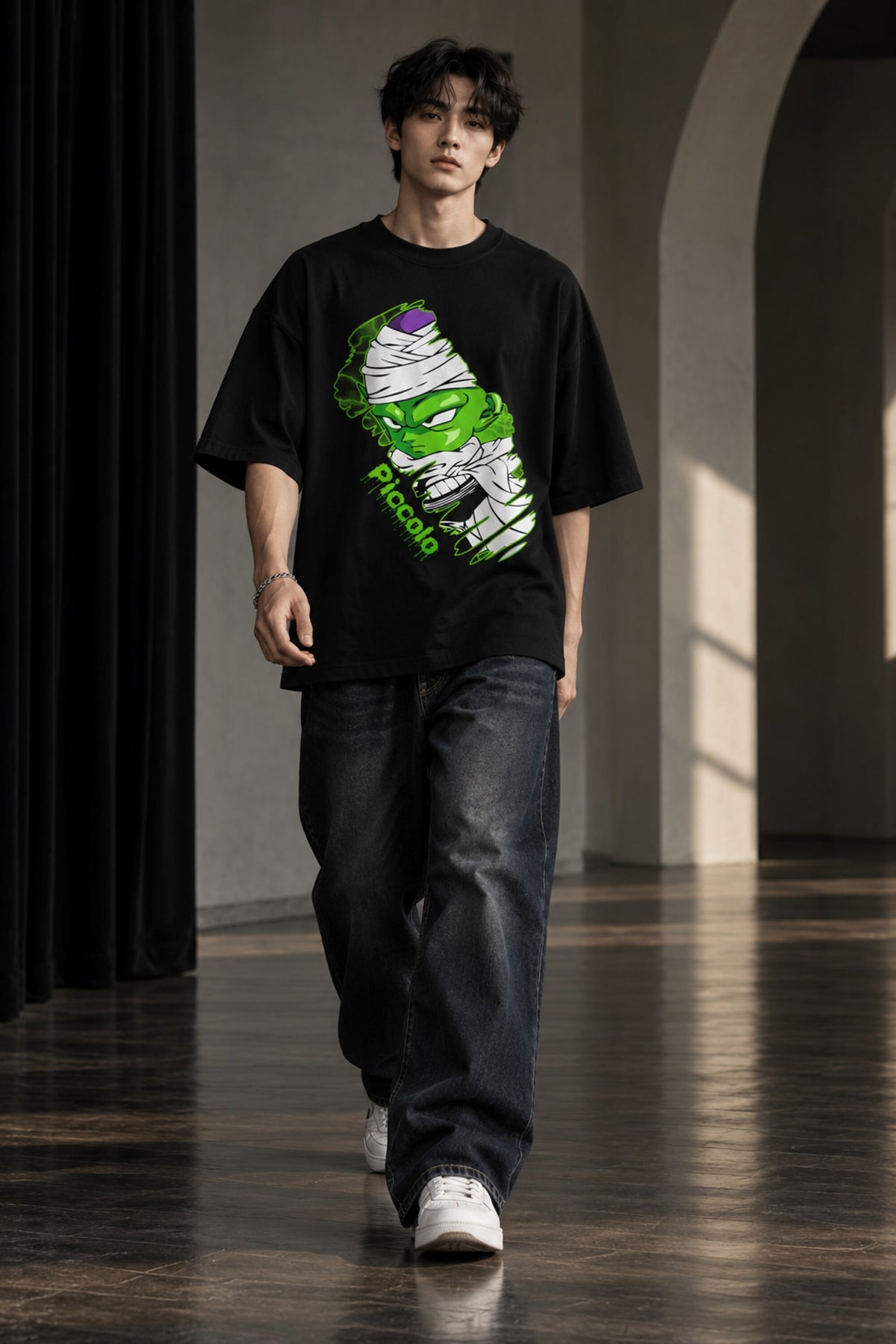 Black Dragon Ball Z anime oversized tshirt with Piccolo chibi front HD print and dripping neon green graffiti Piccolo text