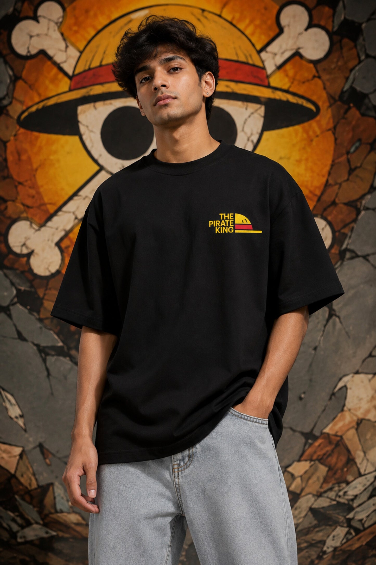 Black oversized tshirt with The Pirate King Luffy straw hat logo parody chest print from One Piece anime