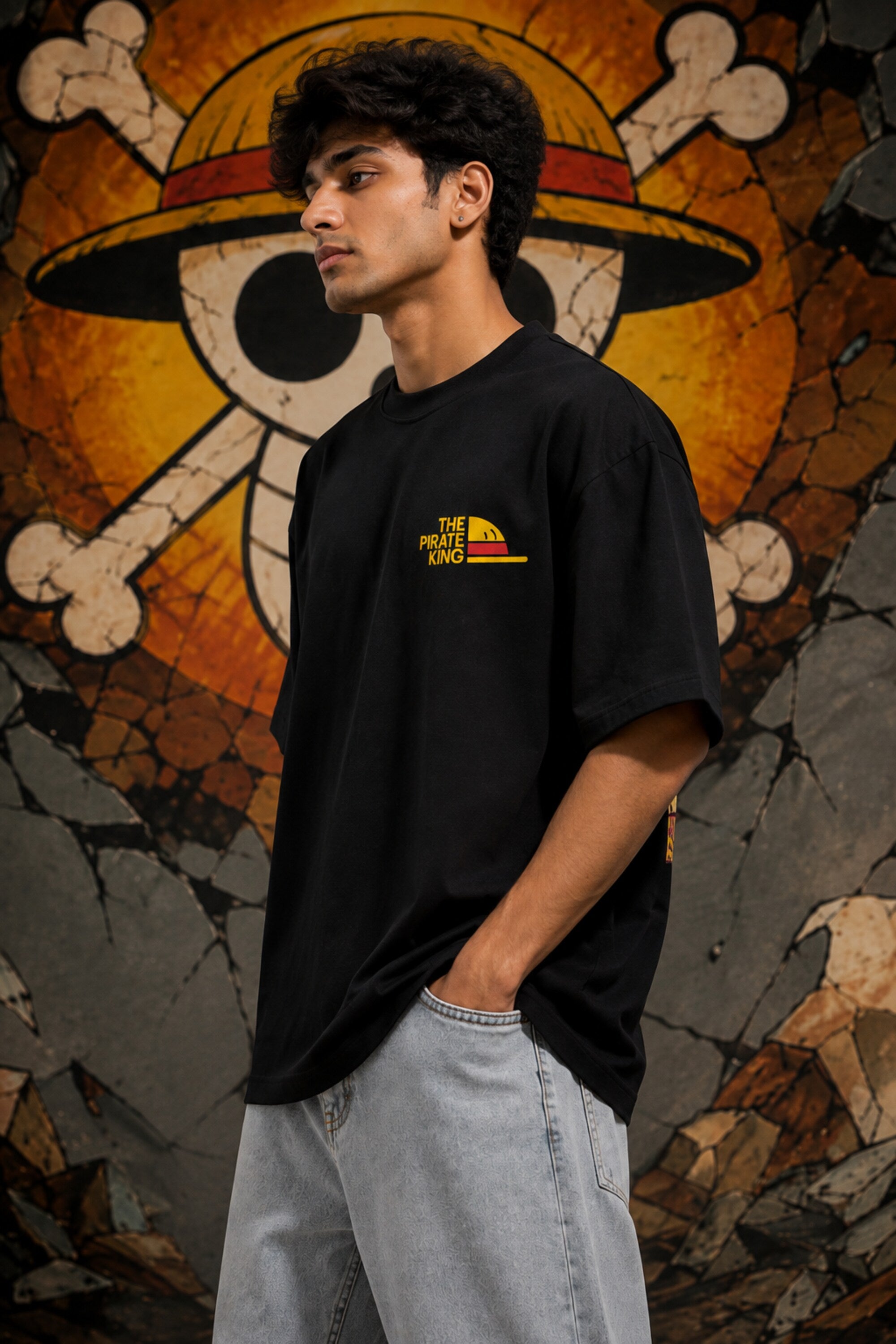 Black oversized tshirt with The Pirate King Luffy straw hat logo parody chest print from One Piece anime