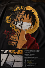 Black oversized tshirt with The Pirate King Luffy straw hat logo parody chest print from One Piece anime