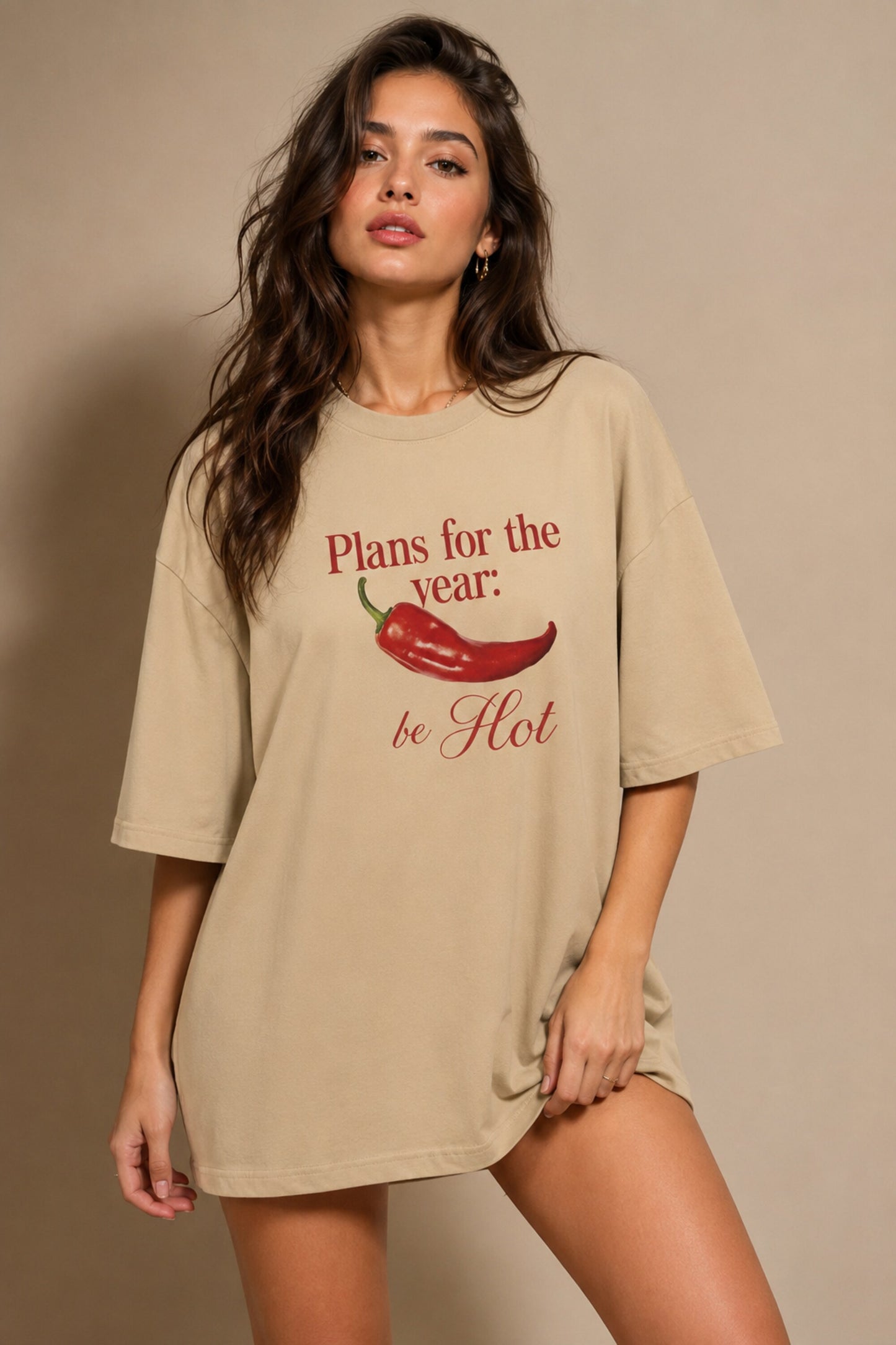 POPCASE beige Plans for the Year Be Hot red chili pepper graphic oversized t shirt elegant script print streetwear tshirt