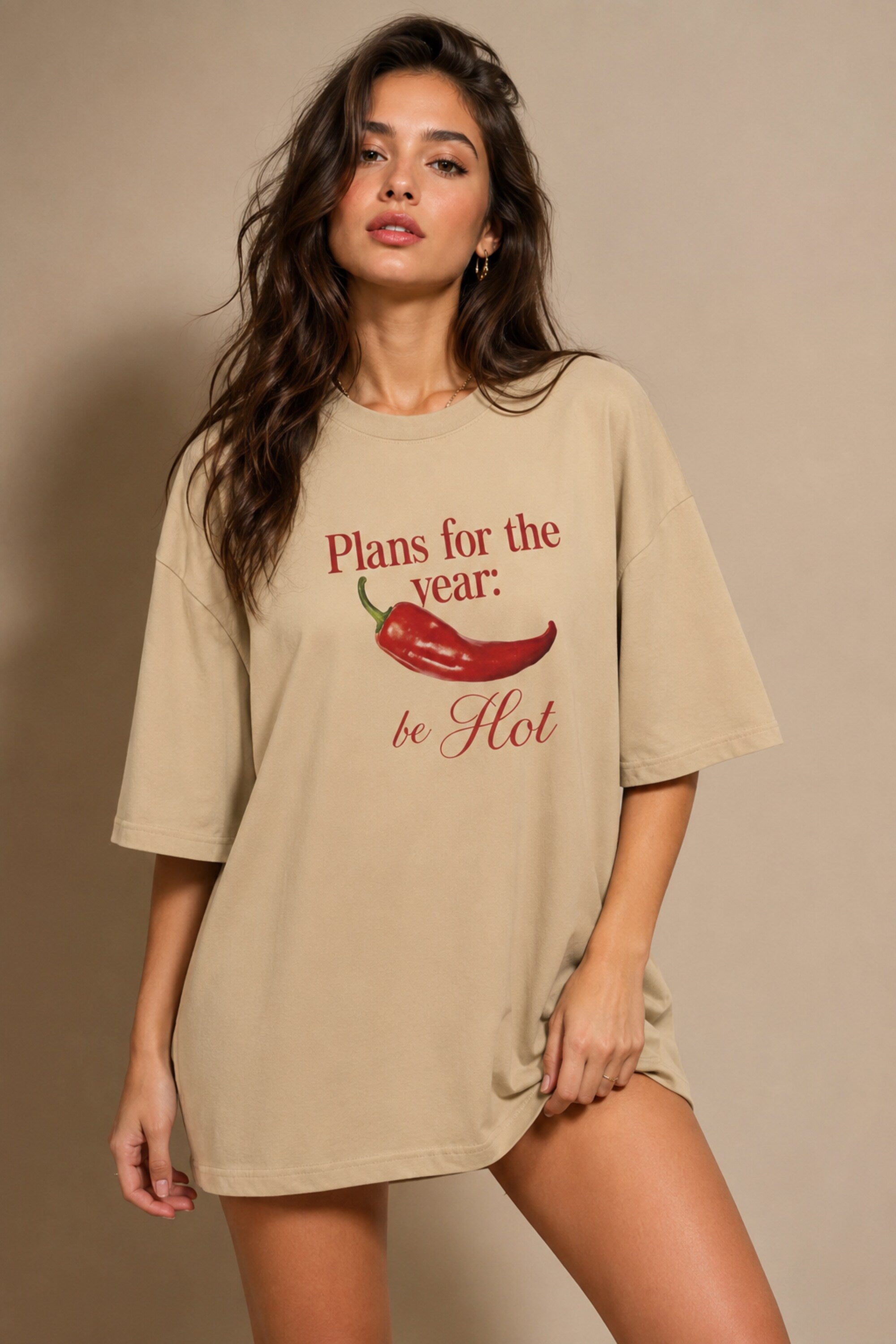 POPCASE beige Plans for the Year Be Hot red chili pepper graphic oversized t shirt elegant script print streetwear tshirt