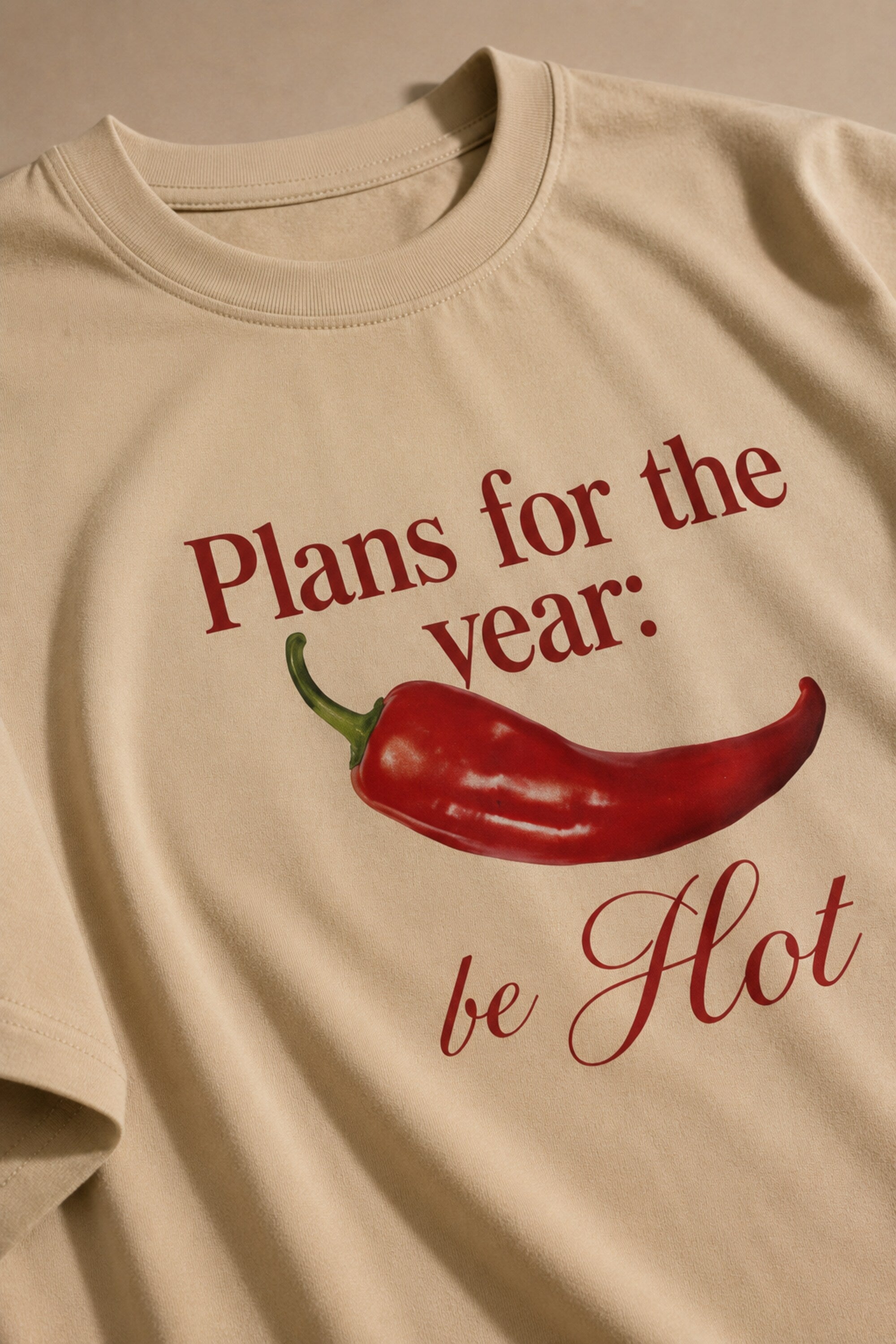 POPCASE beige Plans for the Year Be Hot red chili pepper graphic oversized t shirt elegant script print streetwear tshirt
