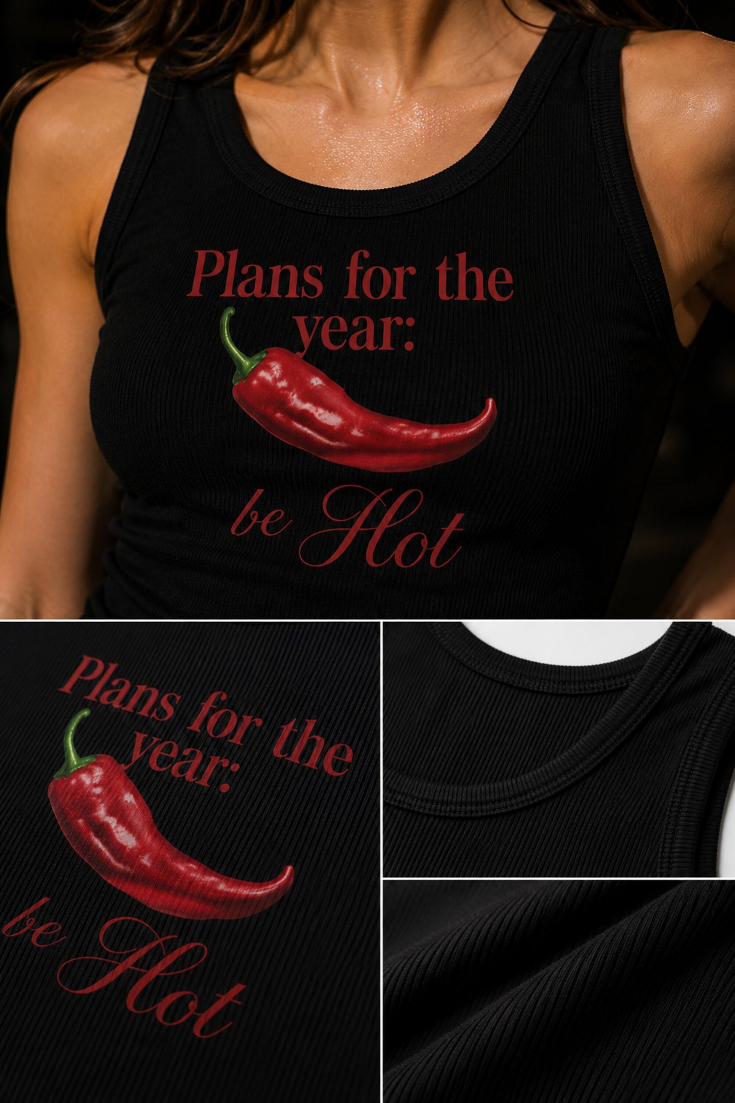 Black ribbed racerback crop tank top with plans for the year be hot text and red chili pepper graphic in red cursive script print