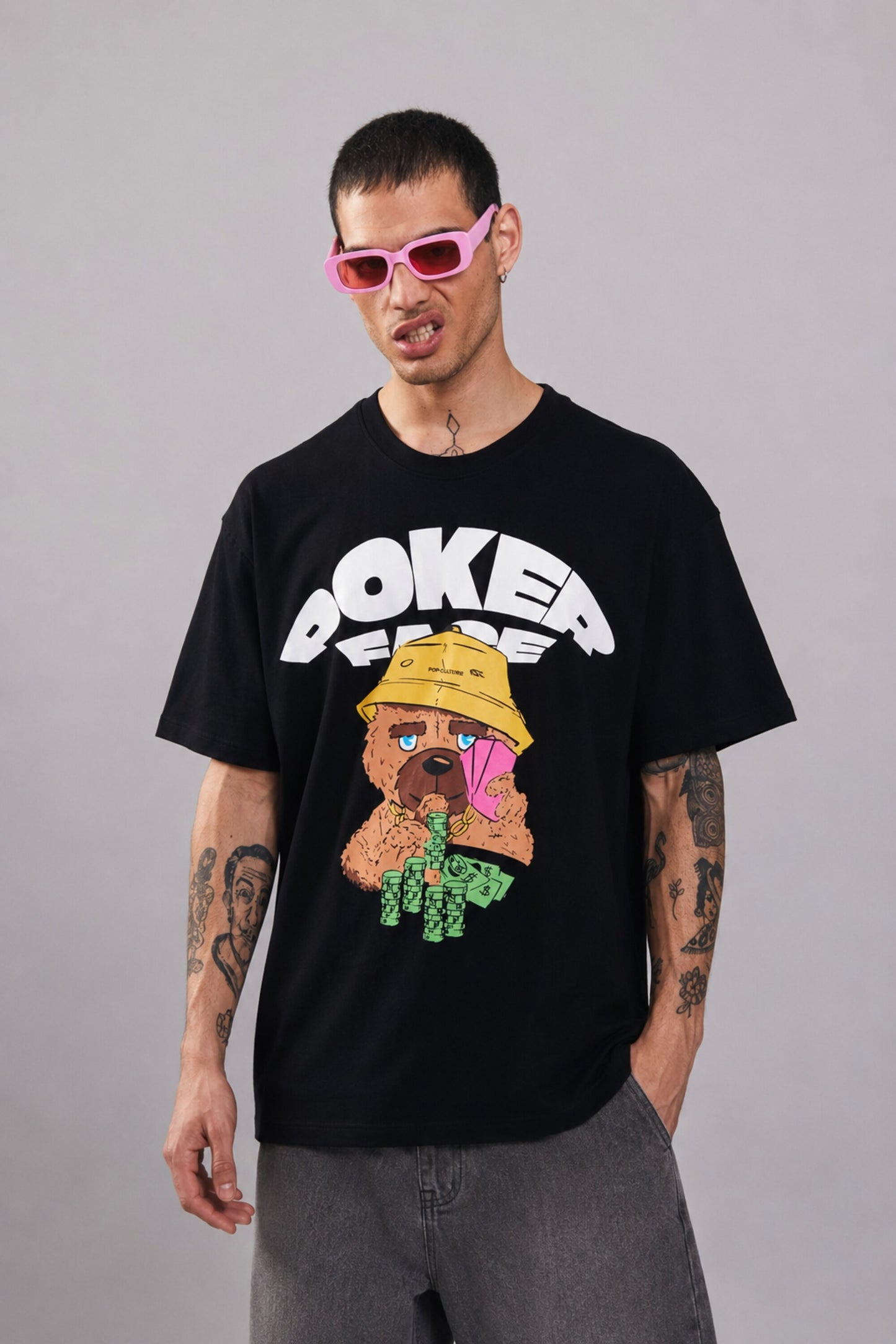 POPCASE Poker Fare black oversized t shirt with cartoon poker bear yellow bucket hat playing cards graphic streetwear