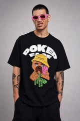 POPCASE Poker Fare black oversized t shirt with cartoon poker bear yellow bucket hat playing cards graphic streetwear
