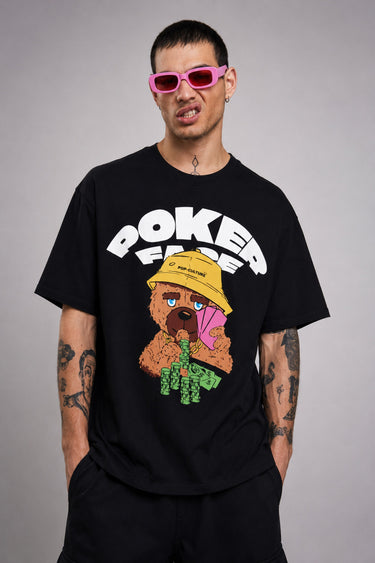 POPCASE Poker Fare black oversized t shirt with cartoon poker bear yellow bucket hat playing cards graphic streetwear