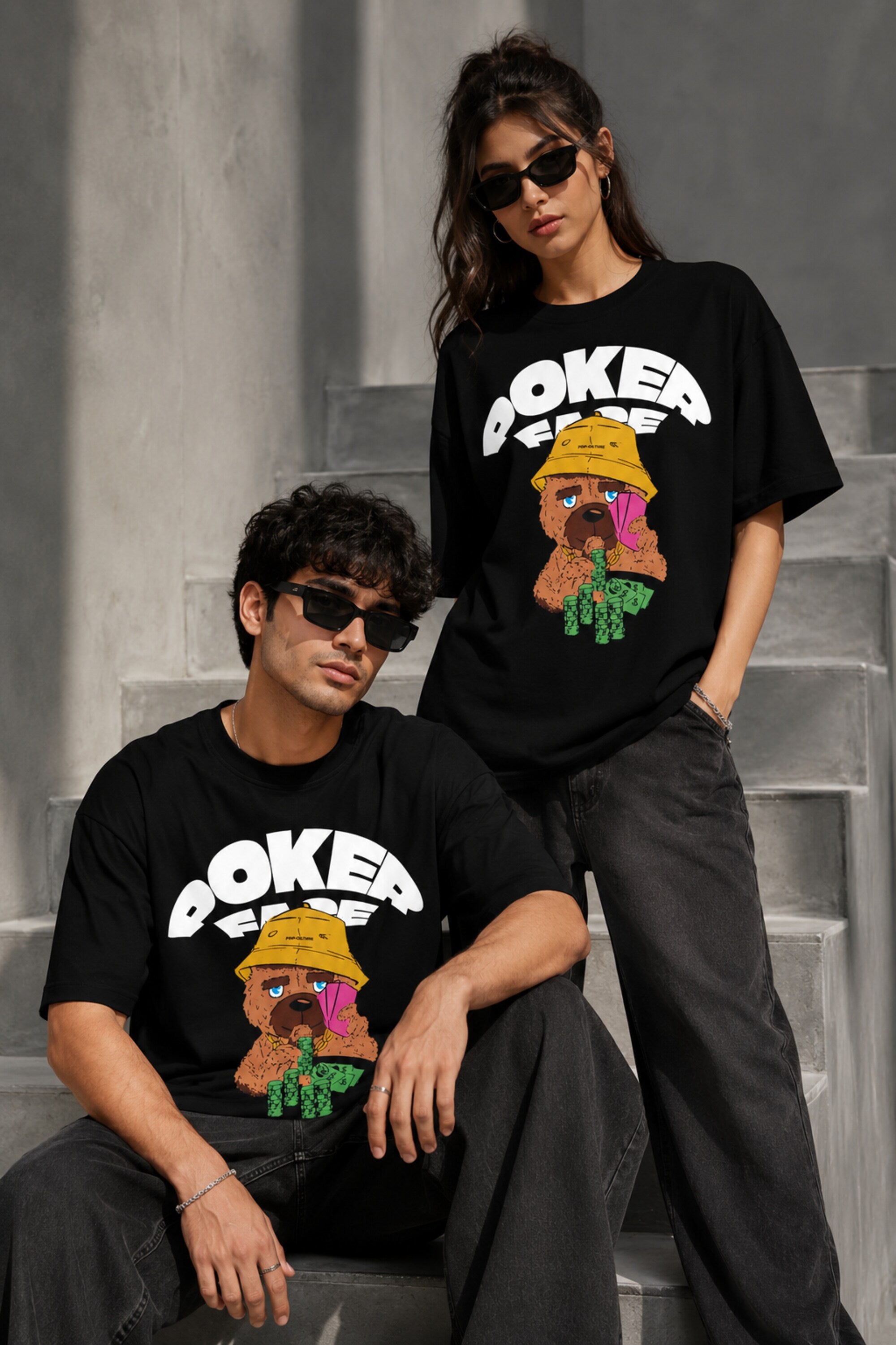 POPCASE Poker Fare black oversized t shirt with cartoon poker bear yellow bucket hat playing cards graphic streetwear