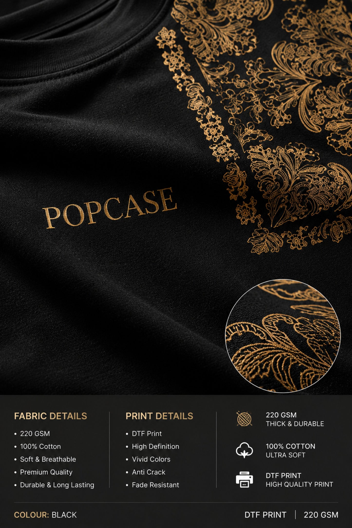 Back view of a person wearing a black ART ON OVERSIZED TSHIRT with gold embroidered detail on the left sleeve. Shows the oversized fit and premium streetwear aesthetic.
