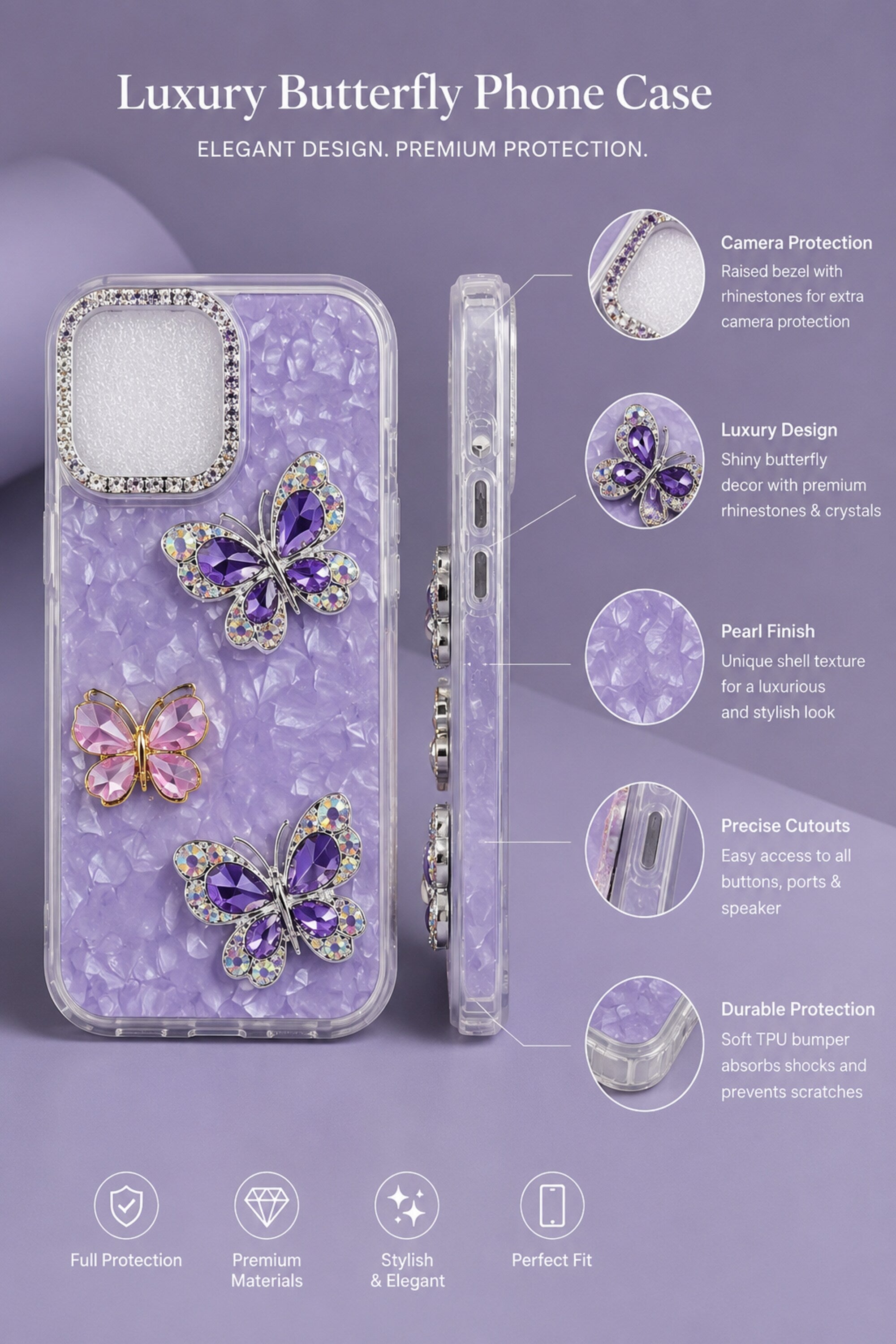 Luxury butterfly phone case with purple and pink butterflies on a purple background