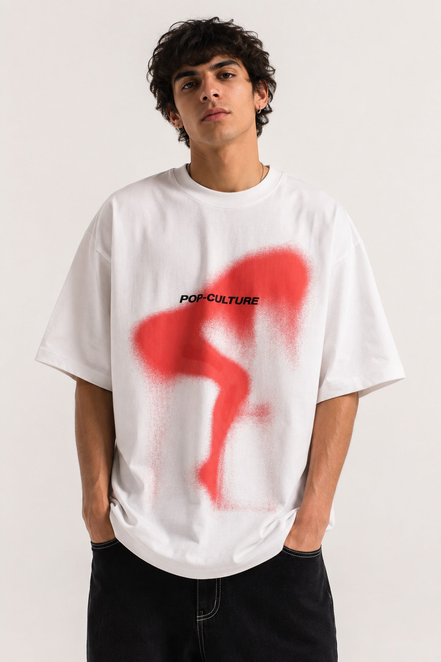 POPCASE Pop Culture white oversized t shirt with abstract red spray paint graffiti silhouette graphic streetwear print