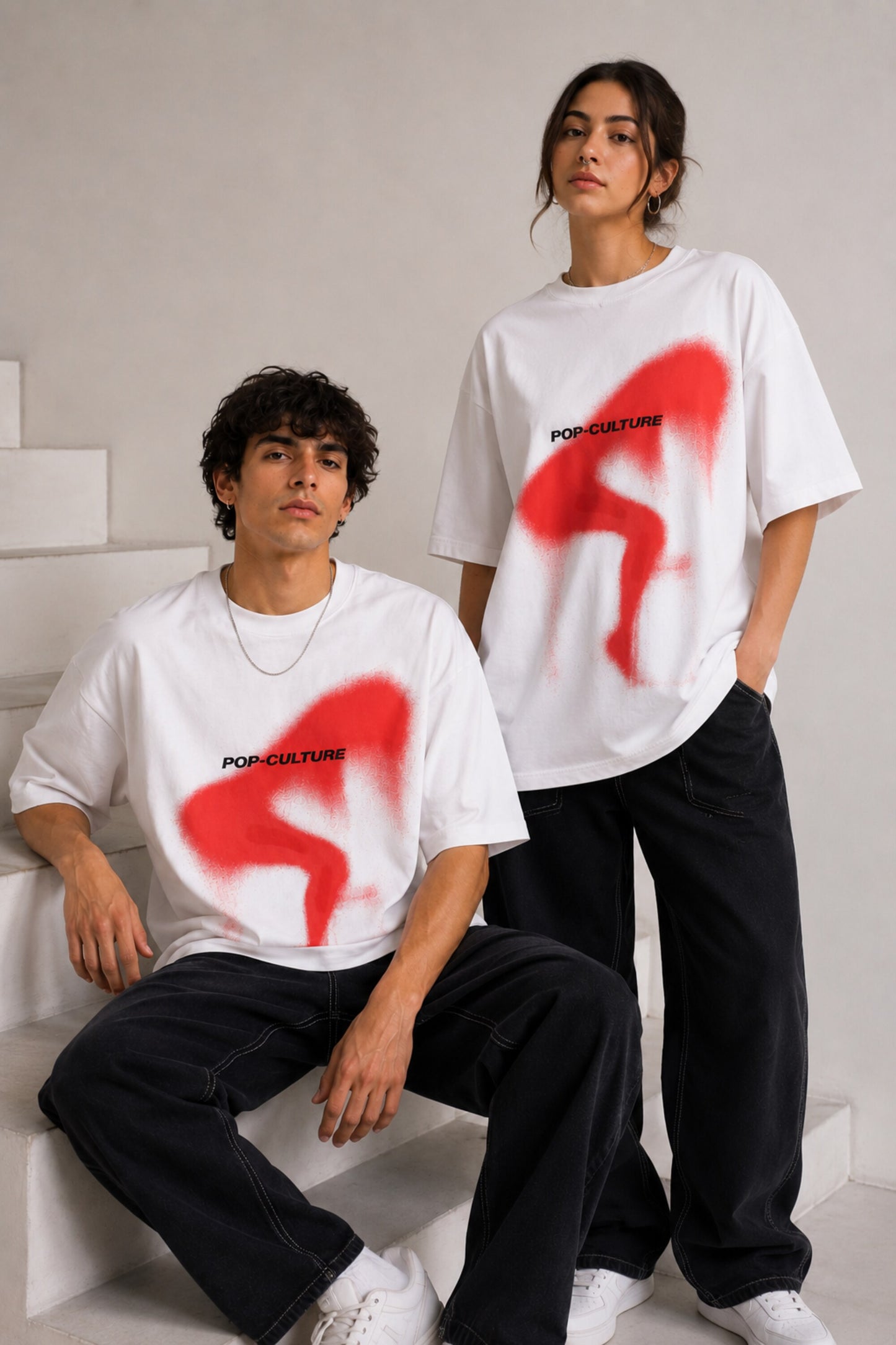 POPCASE Pop Culture white oversized t shirt with abstract red spray paint graffiti silhouette graphic streetwear print