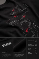 Man wearing a black DISCIPLINE WILD WOLF oversized t-shirt with white 'DISCIPLINE' text, dark wash jeans, and white sneakers, sitting on stairs.