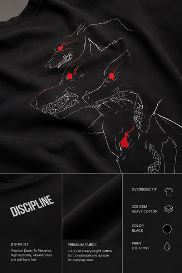 Man wearing a black DISCIPLINE WILD WOLF oversized t-shirt with white 'DISCIPLINE' text, dark wash jeans, and white sneakers, sitting on stairs.