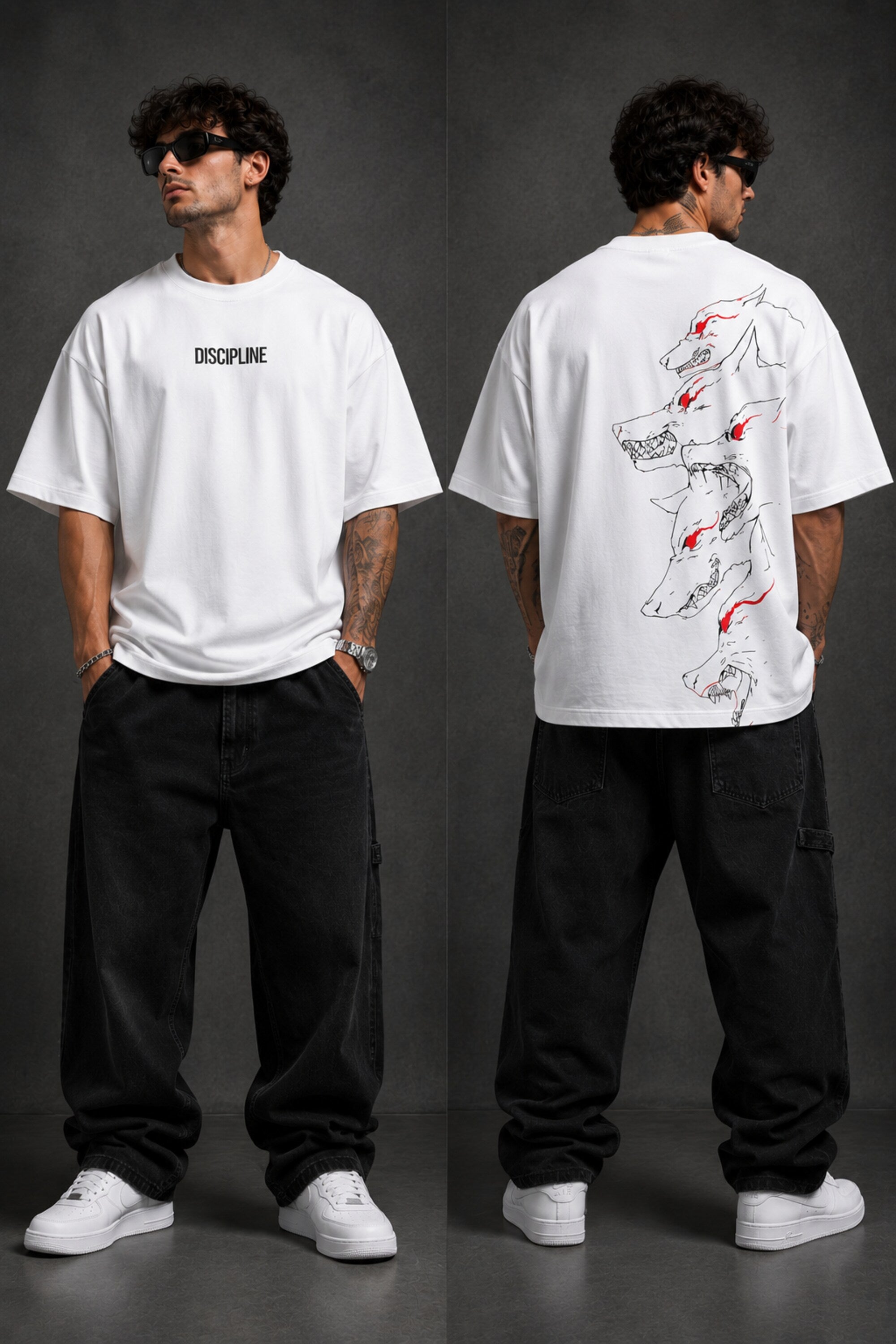 Man wearing a black DISCIPLINE WILD WOLF oversized t-shirt with white 'DISCIPLINE' text, dark wash jeans, and white sneakers, sitting on stairs. - white