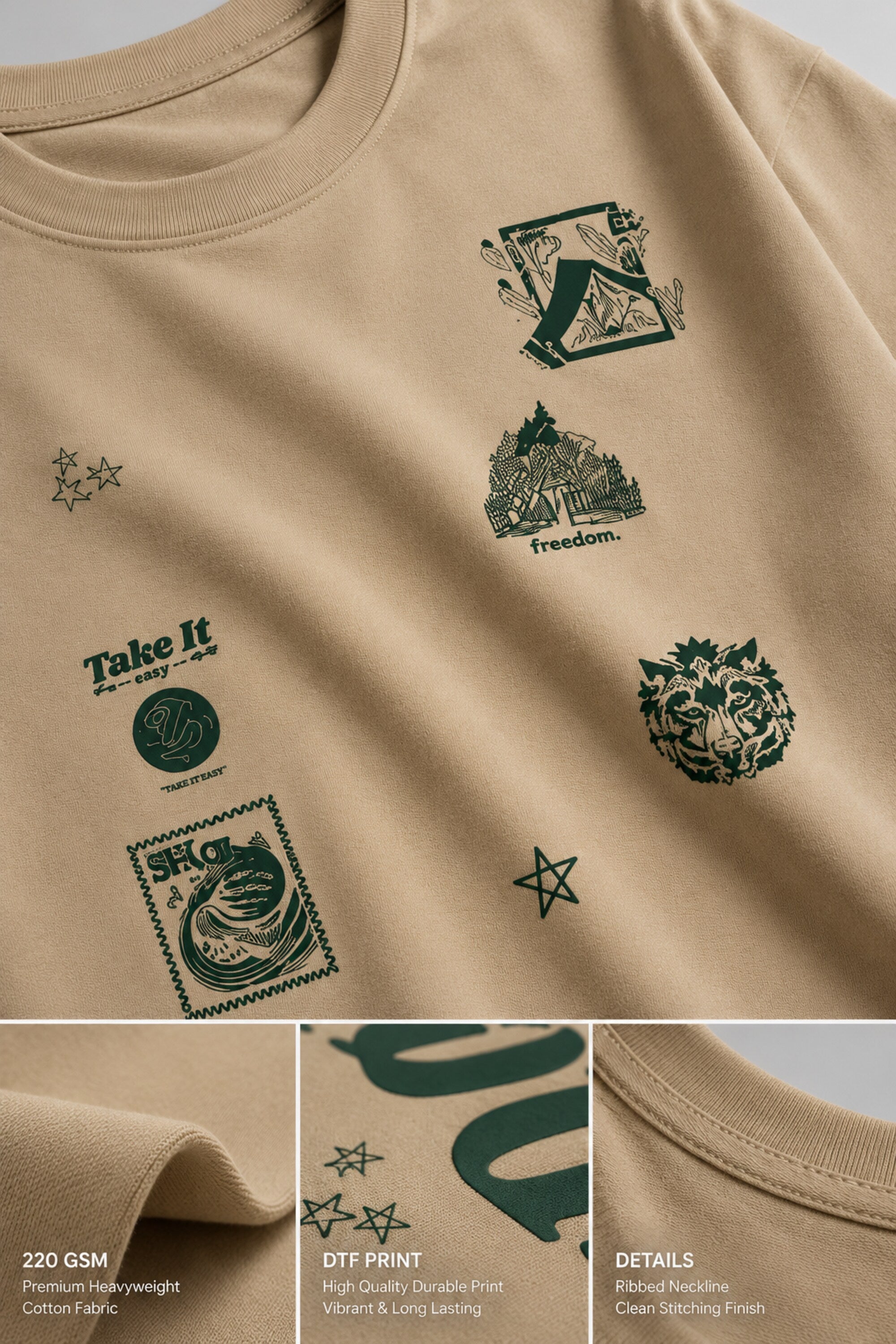 Back view of a man wearing a beige RARE INSIGHT oversized t-shirt with a green "Sorry But I Don't Care" graphic and star accents.
