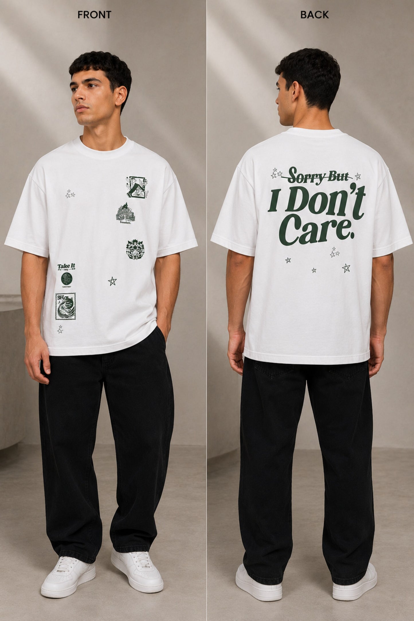 Back view of a man wearing a beige RARE INSIGHT oversized t-shirt with a green "Sorry But I Don't Care" graphic and star accents. - white