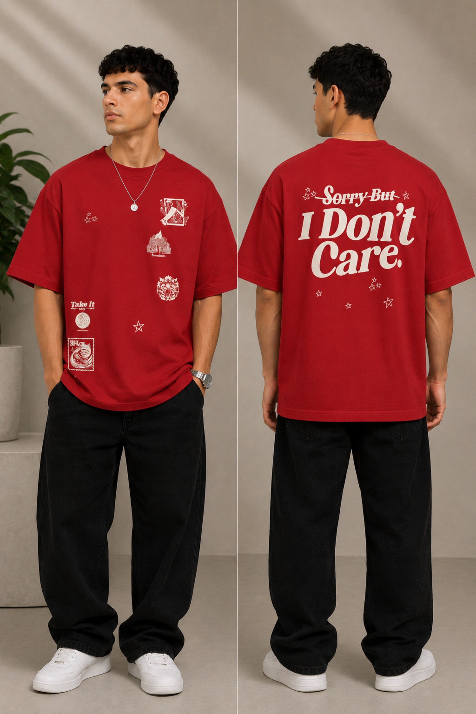 Back view of a man wearing a beige RARE INSIGHT oversized t-shirt with a green "Sorry But I Don't Care" graphic and star accents. - red