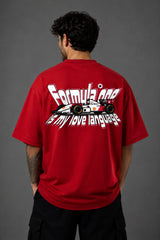 Red POPCASE oversized tshirt with Keep Pushing flaming F1 tire on front and Formula One is my love language vintage McLaren race car graphic on back