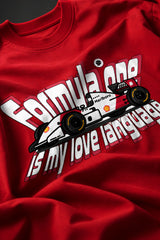Red POPCASE oversized tshirt with Keep Pushing flaming F1 tire on front and Formula One is my love language vintage McLaren race car graphic on back