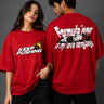 Red POPCASE oversized tshirt with Keep Pushing flaming F1 tire on front and Formula One is my love language vintage McLaren race car graphic on back
