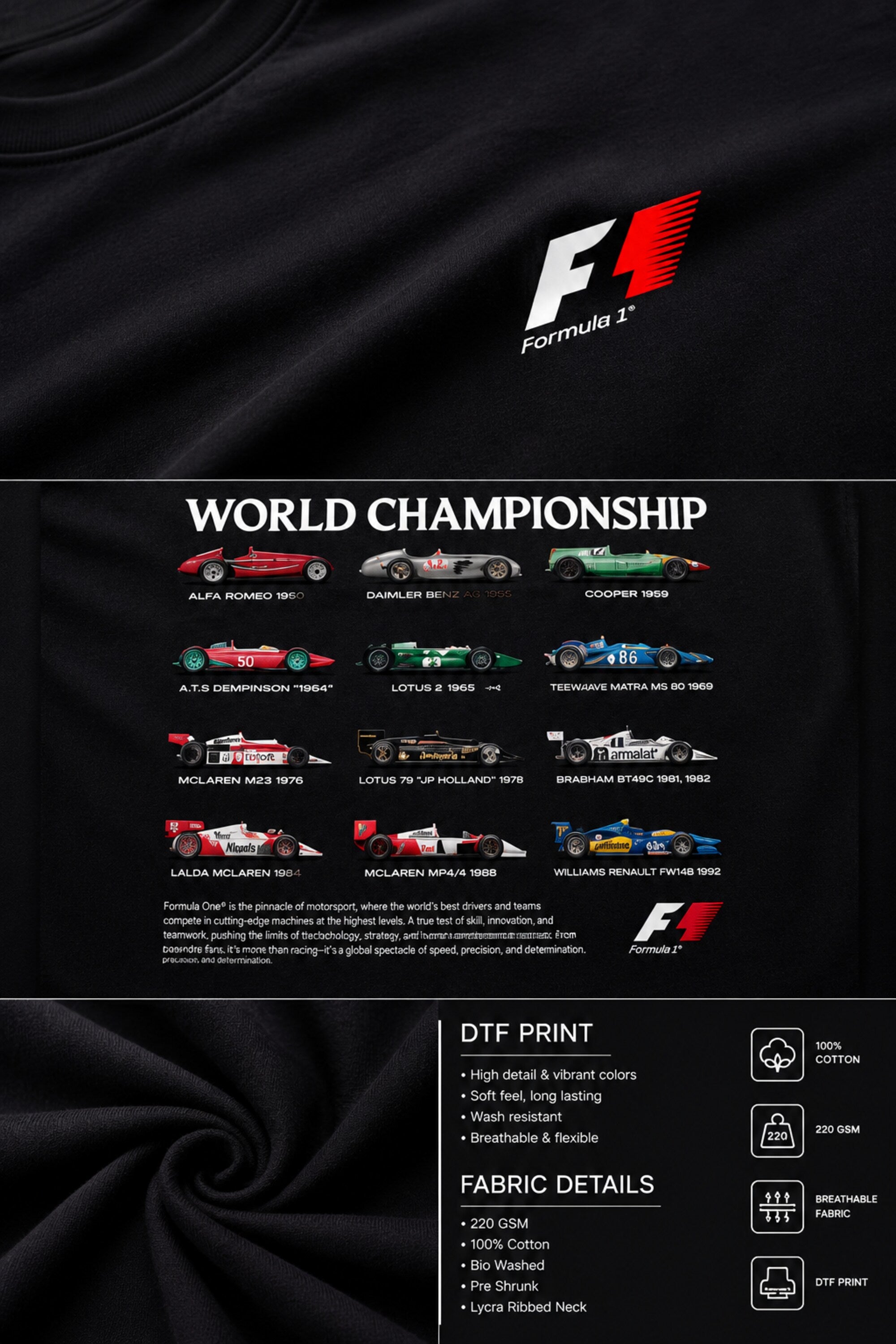 Model wearing a black oversized t-shirt with a small, embroidered Formula 1® logo in white, red, and gray on the chest. Casual streetwear style.