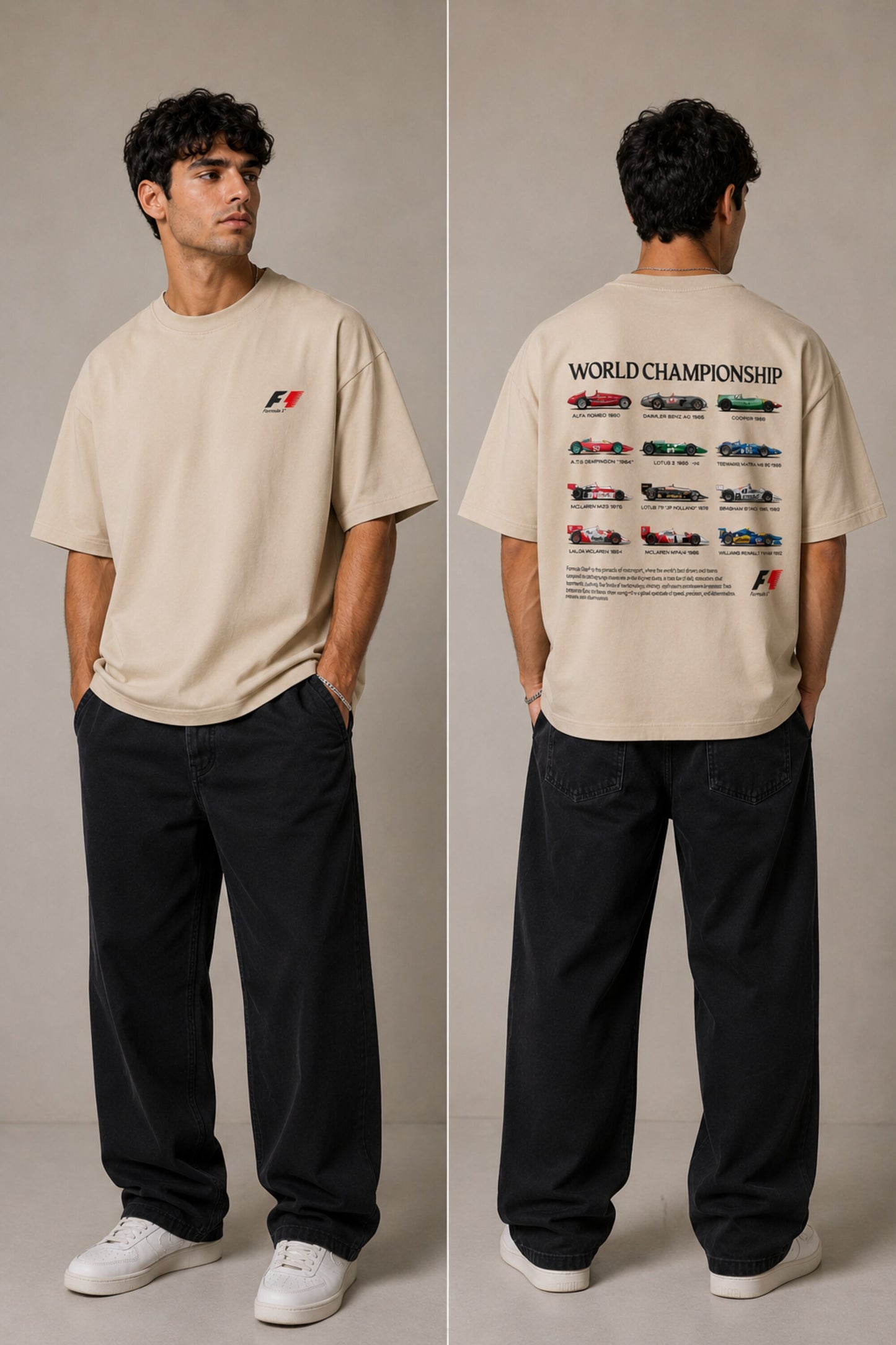 Model wearing a black oversized t-shirt with a small, embroidered Formula 1® logo in white, red, and gray on the chest. Casual streetwear style. - beige