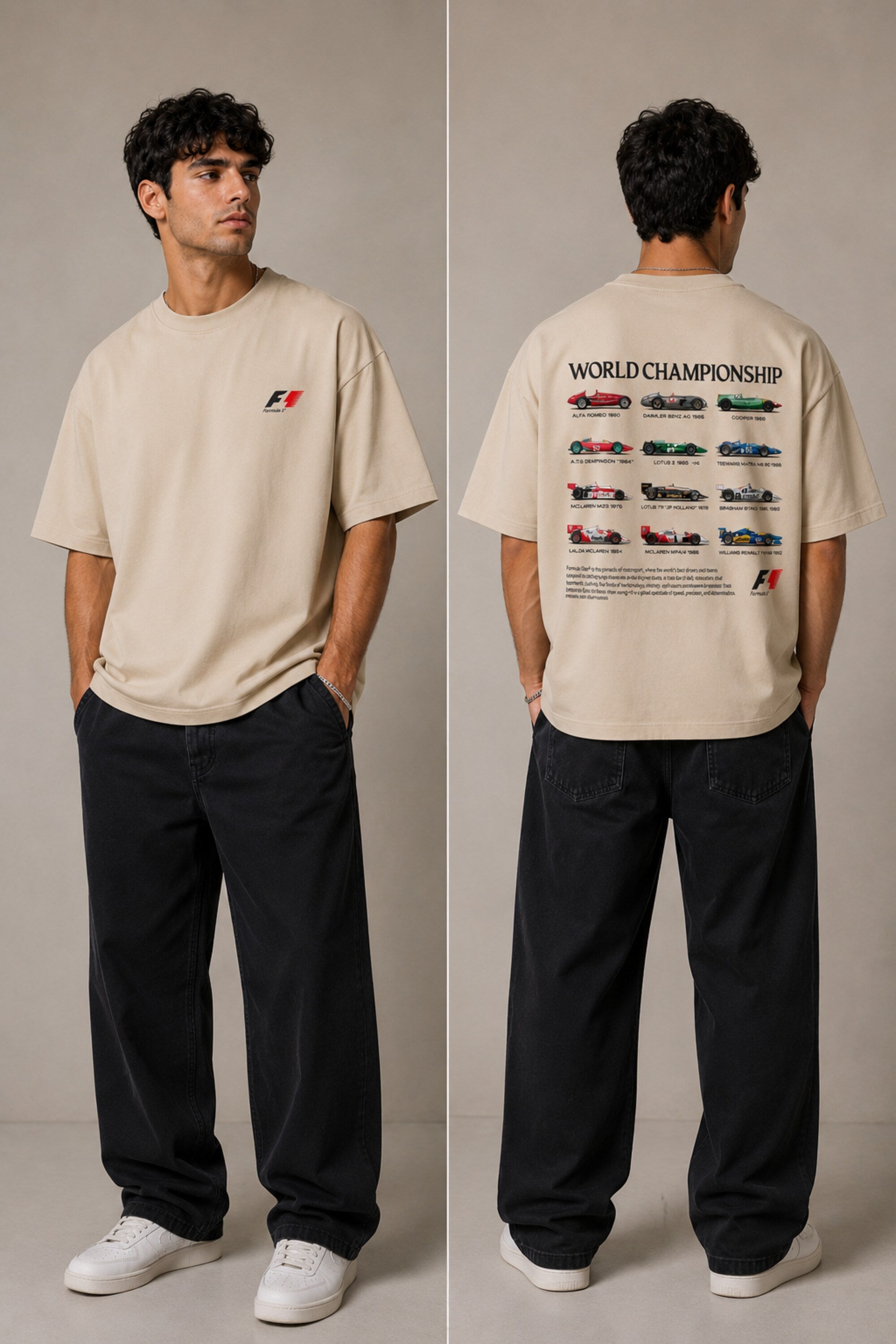 Model wearing a black oversized t-shirt with a small, embroidered Formula 1® logo in white, red, and gray on the chest. Casual streetwear style. - beige