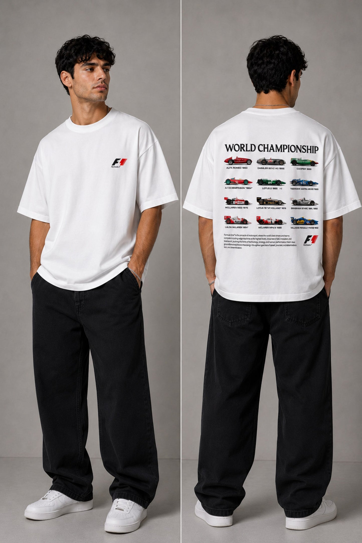 Model wearing a black oversized t-shirt with a small, embroidered Formula 1® logo in white, red, and gray on the chest. Casual streetwear style. - white