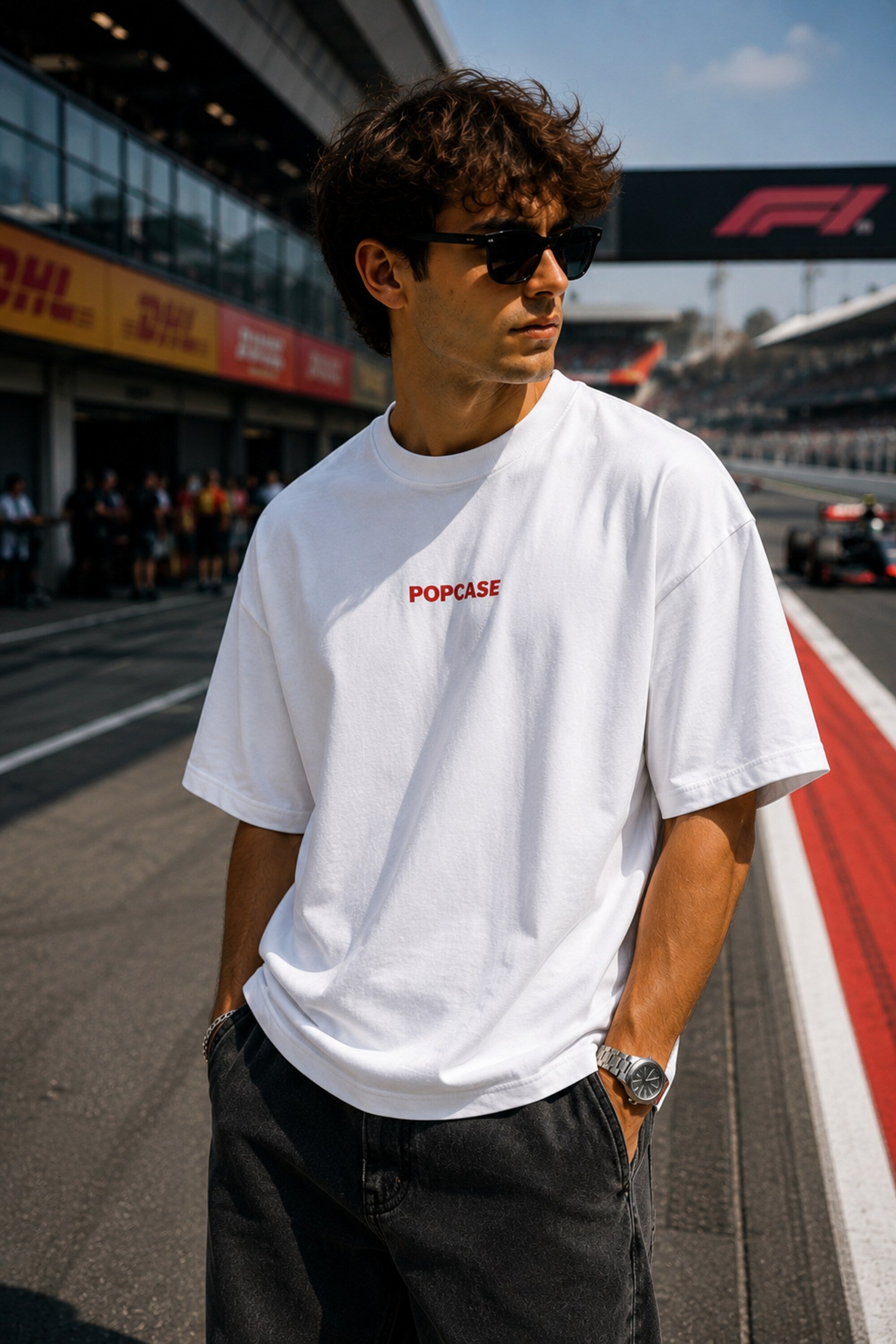 Person wearing a white t-shirt with 'POPCASE' branding on a race track with F1 branding in the background.