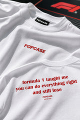 White sweatshirt with red text and 'POPCASE' branding on a black background with 'F1' logo.