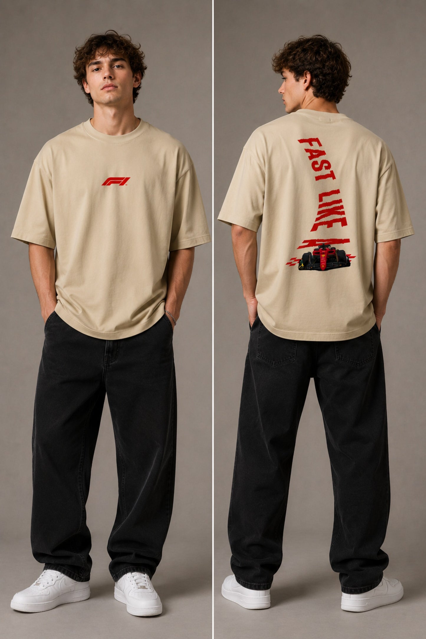 Man wearing white F1 Official oversized t-shirt with red F1 logo, black wide-leg jeans, and white sneakers, sitting on a black leather couch. - beige