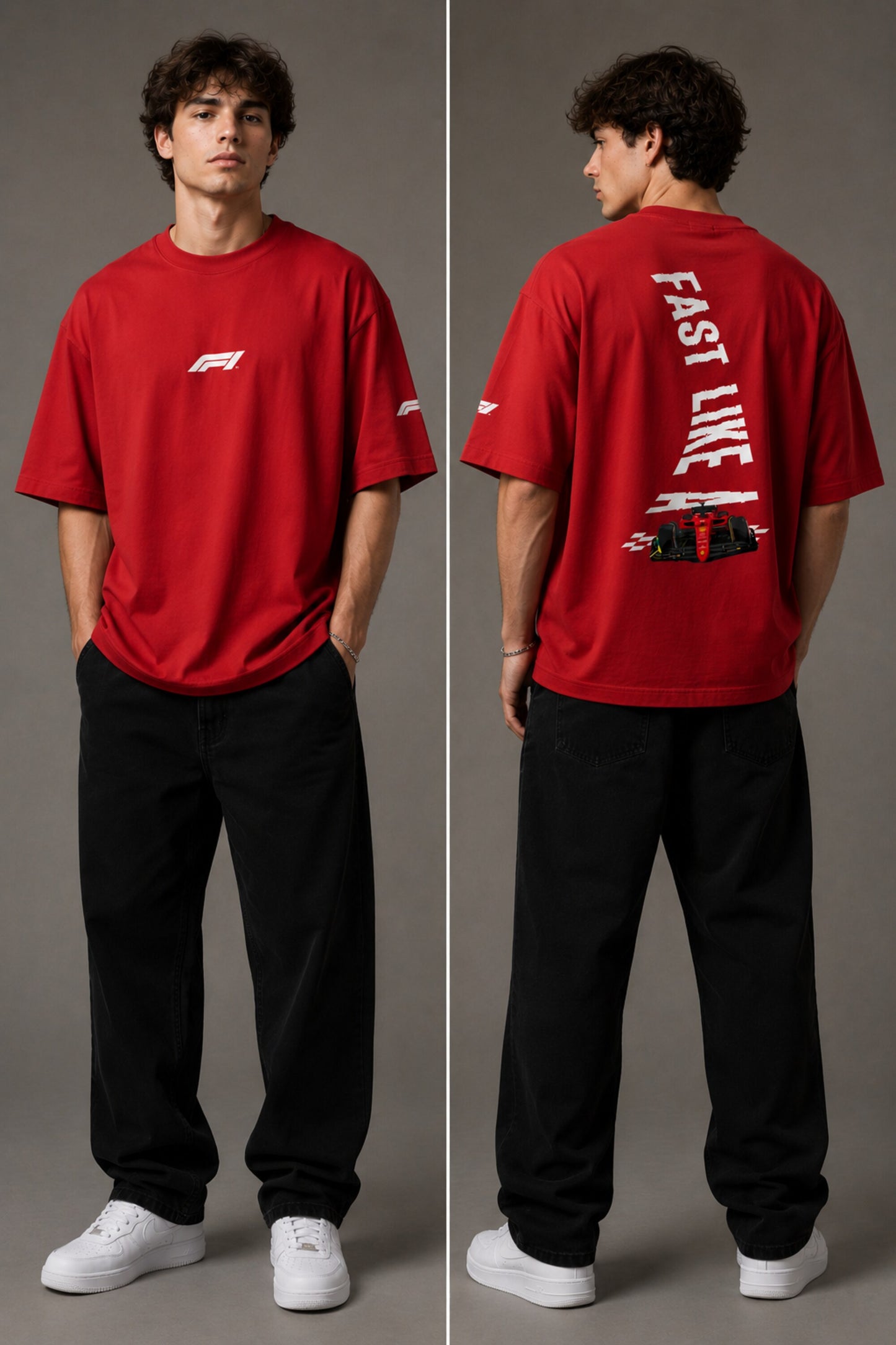 Man wearing white F1 Official oversized t-shirt with red F1 logo, black wide-leg jeans, and white sneakers, sitting on a black leather couch. - red