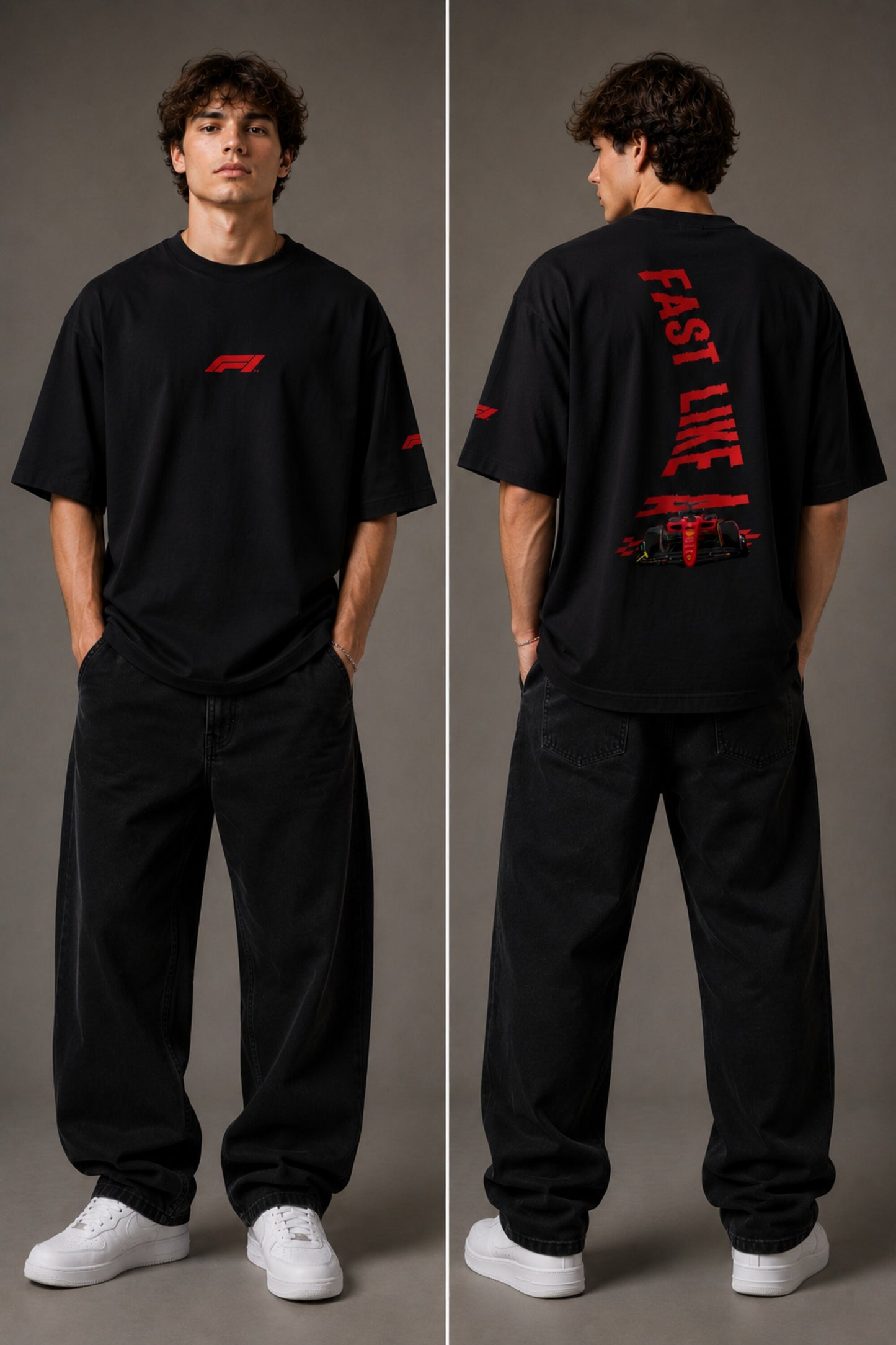 Man wearing white F1 Official oversized t-shirt with red F1 logo, black wide-leg jeans, and white sneakers, sitting on a black leather couch. - black