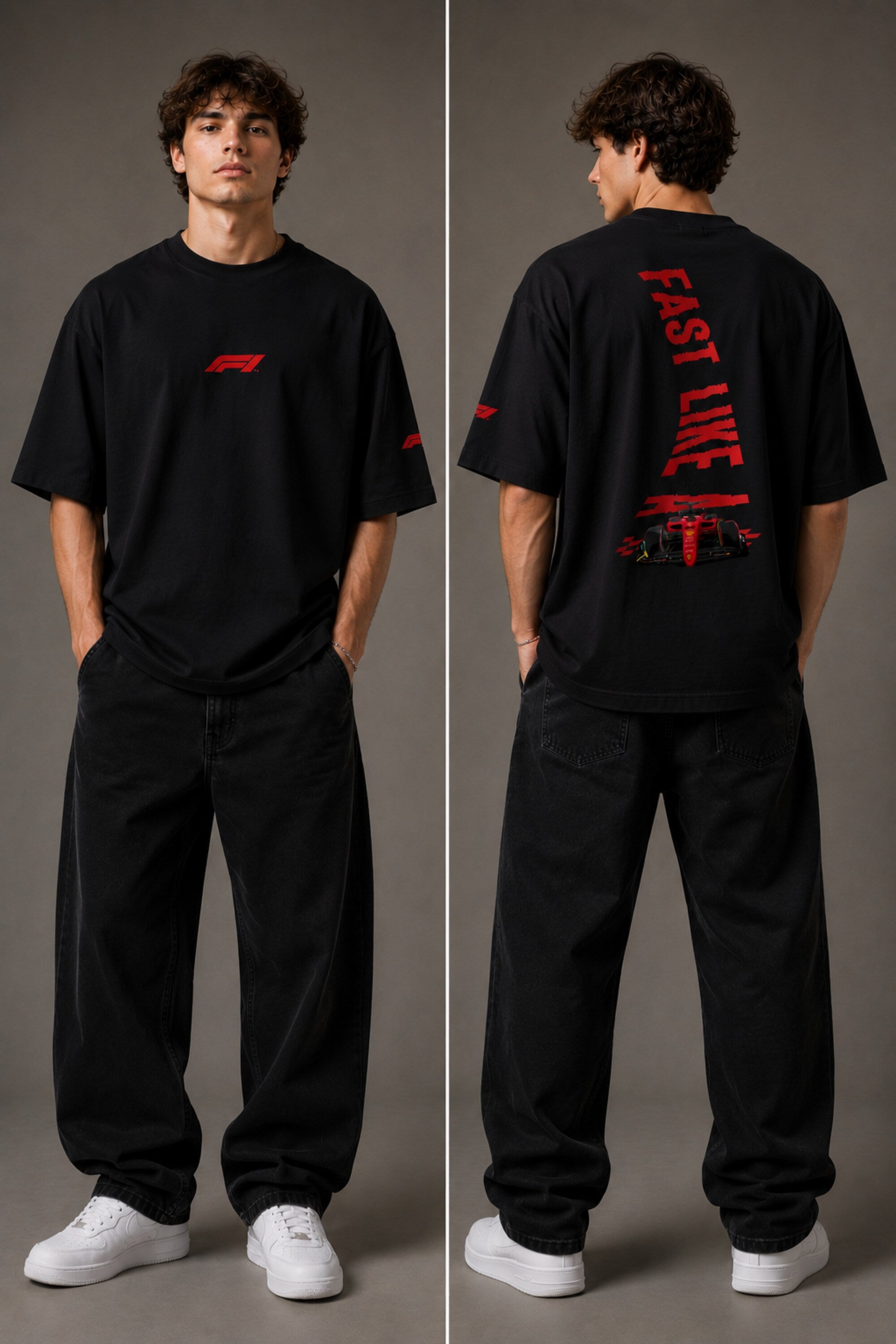 Man wearing white F1 Official oversized t-shirt with red F1 logo, black wide-leg jeans, and white sneakers, sitting on a black leather couch. - black