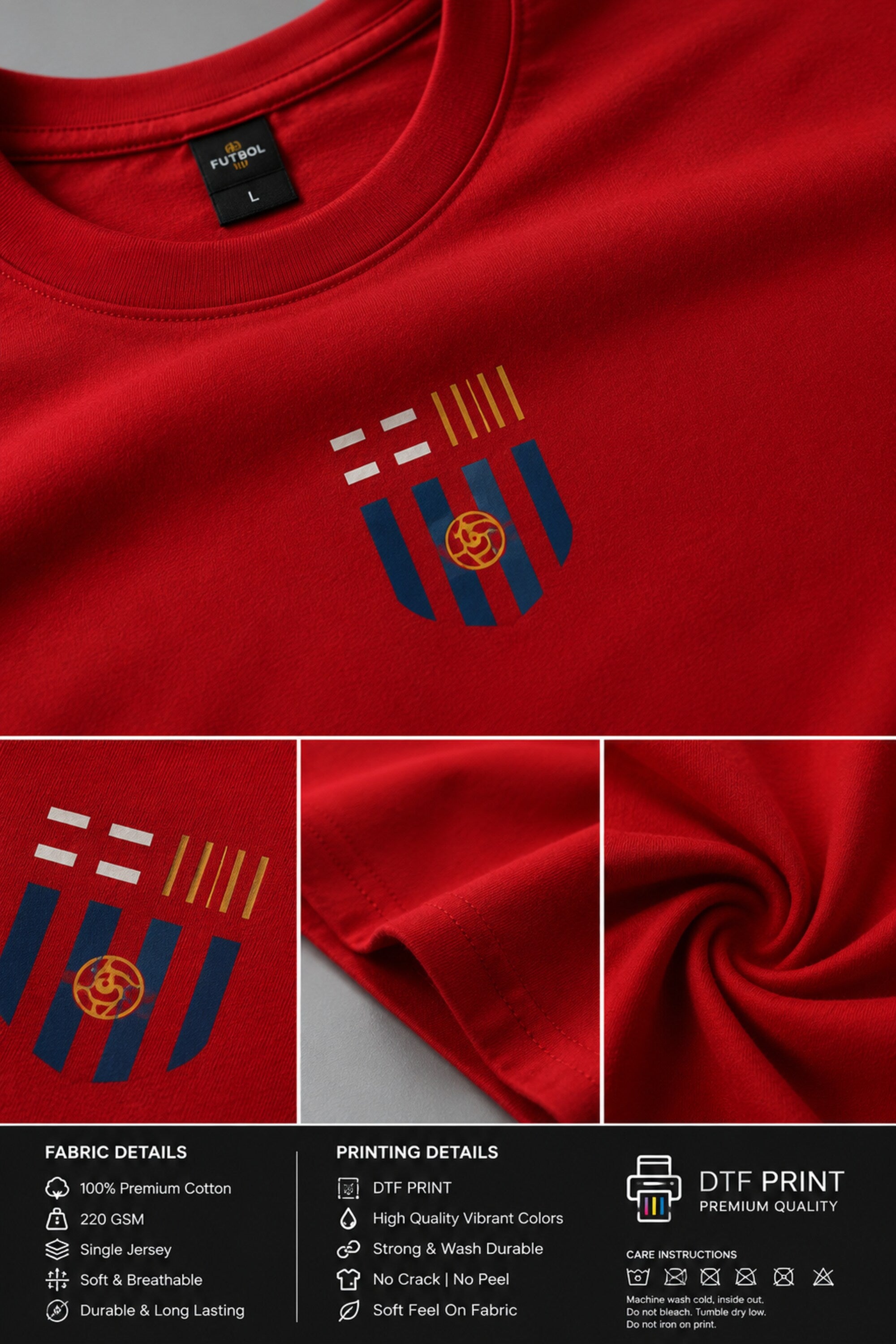 Man wearing a red FCB Messi fan oversized t-shirt, black pants, and white sneakers, sitting on a brown couch.