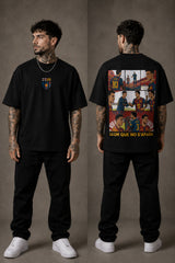 Man wearing a red FCB Messi fan oversized t-shirt, black pants, and white sneakers, sitting on a brown couch. - black