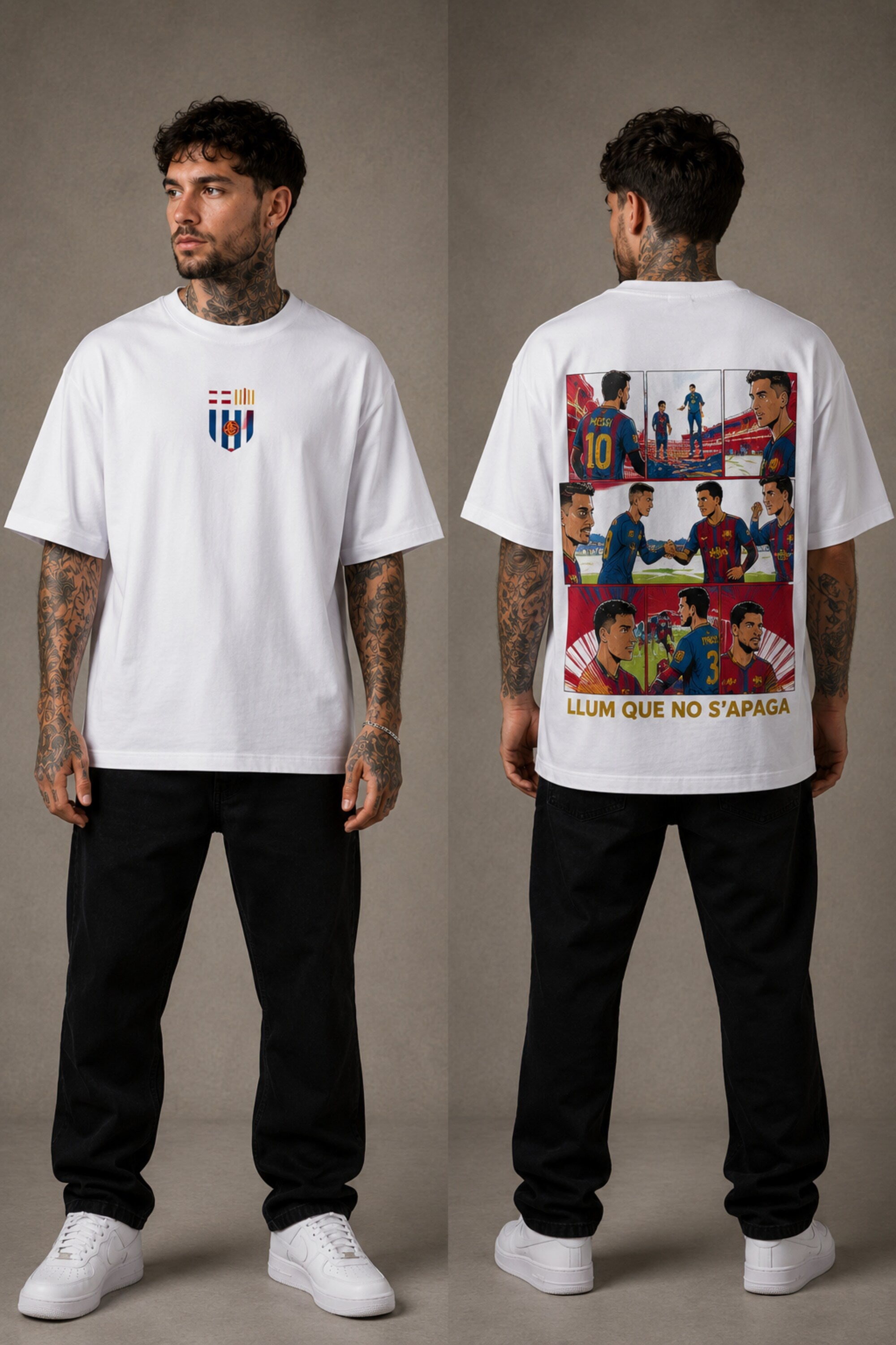 Man wearing a red FCB Messi fan oversized t-shirt, black pants, and white sneakers, sitting on a brown couch. - white